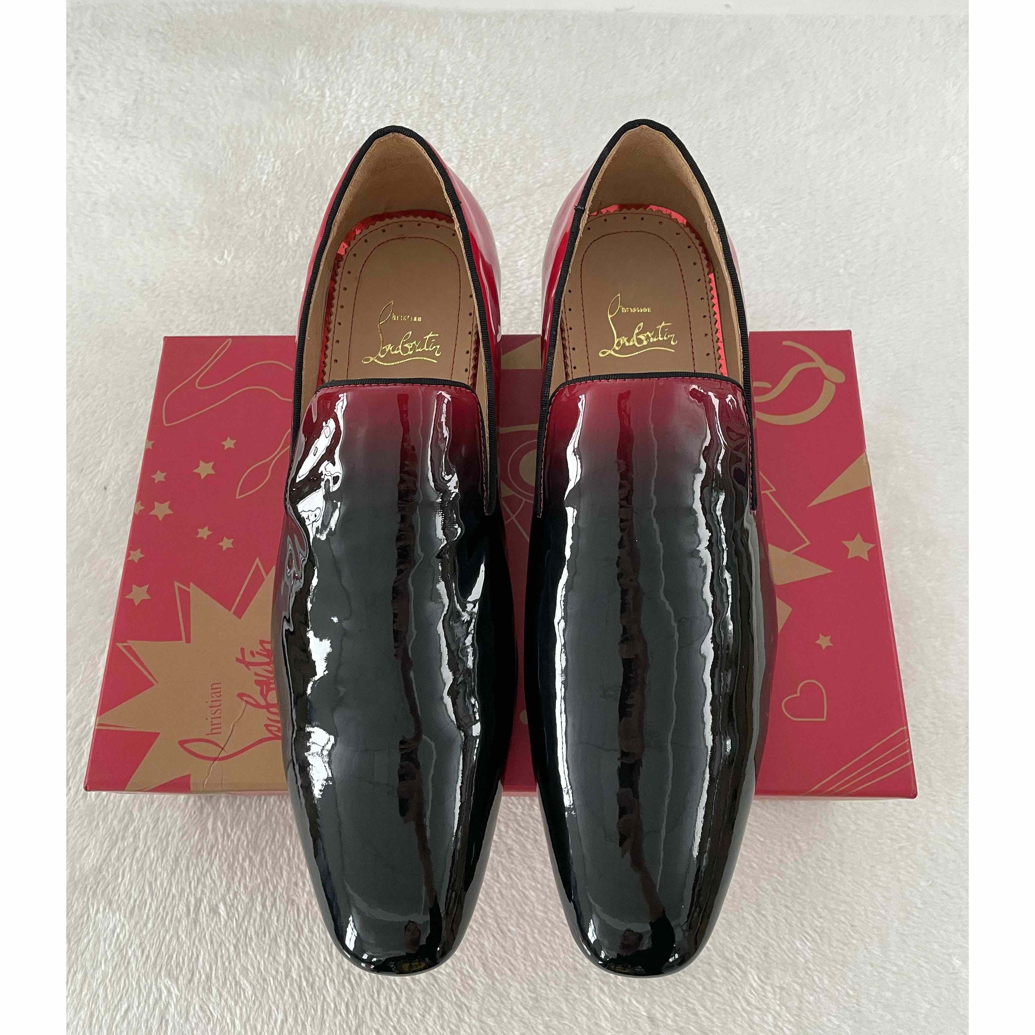 Christian Louboutin Black Red Patent leather Loafers Dress Shoes - DesignerGu