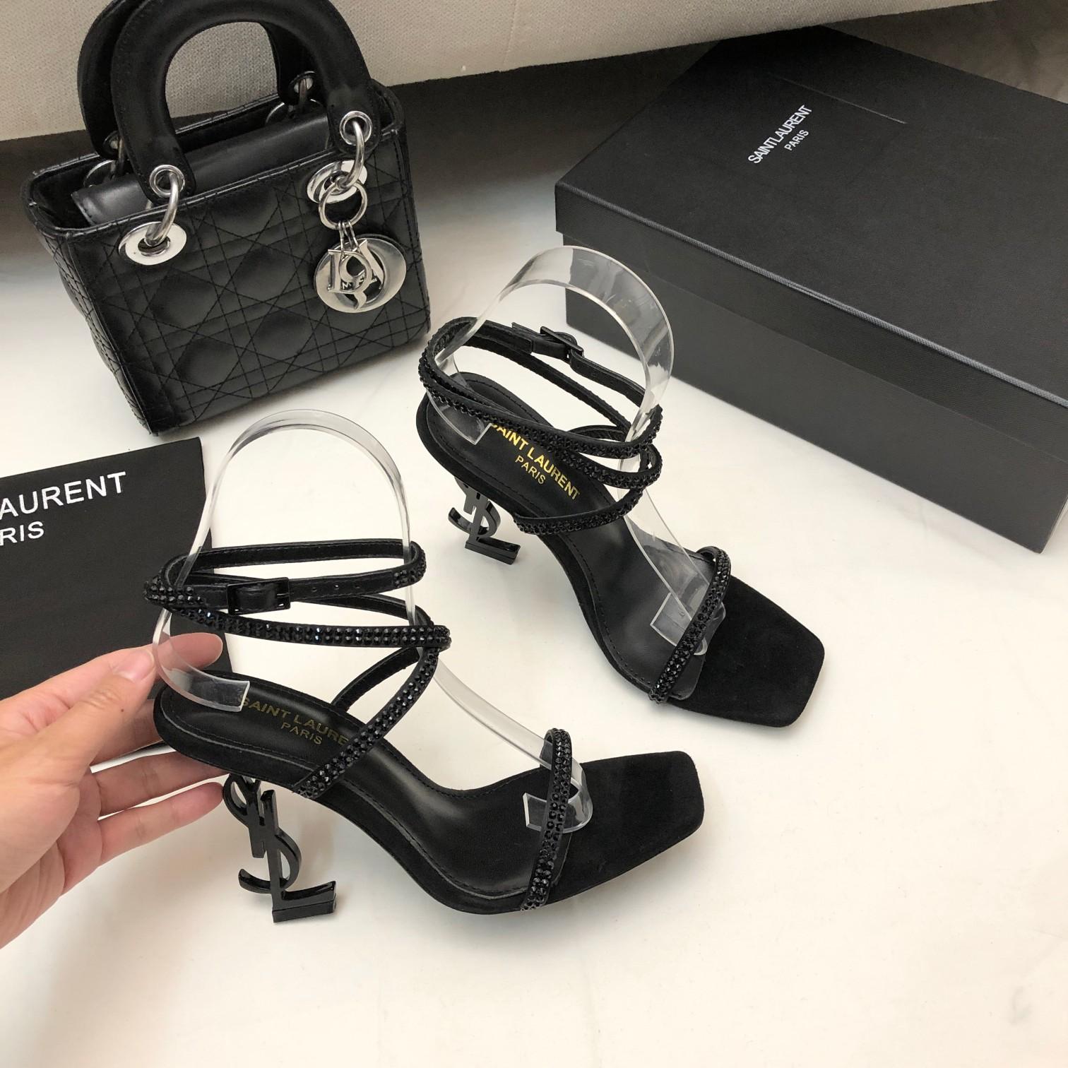 Saint Laurent Opyum Sandals In Crepe Satin And Rhinestones - DesignerGu