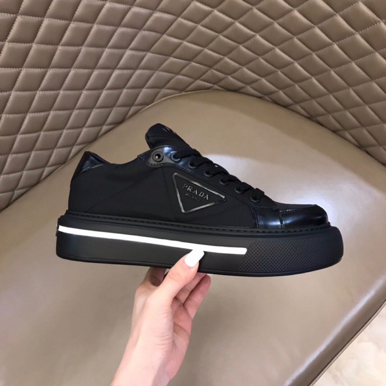 Prada Macro Re-Nylon And Brushed Leather Sneakers - DesignerGu