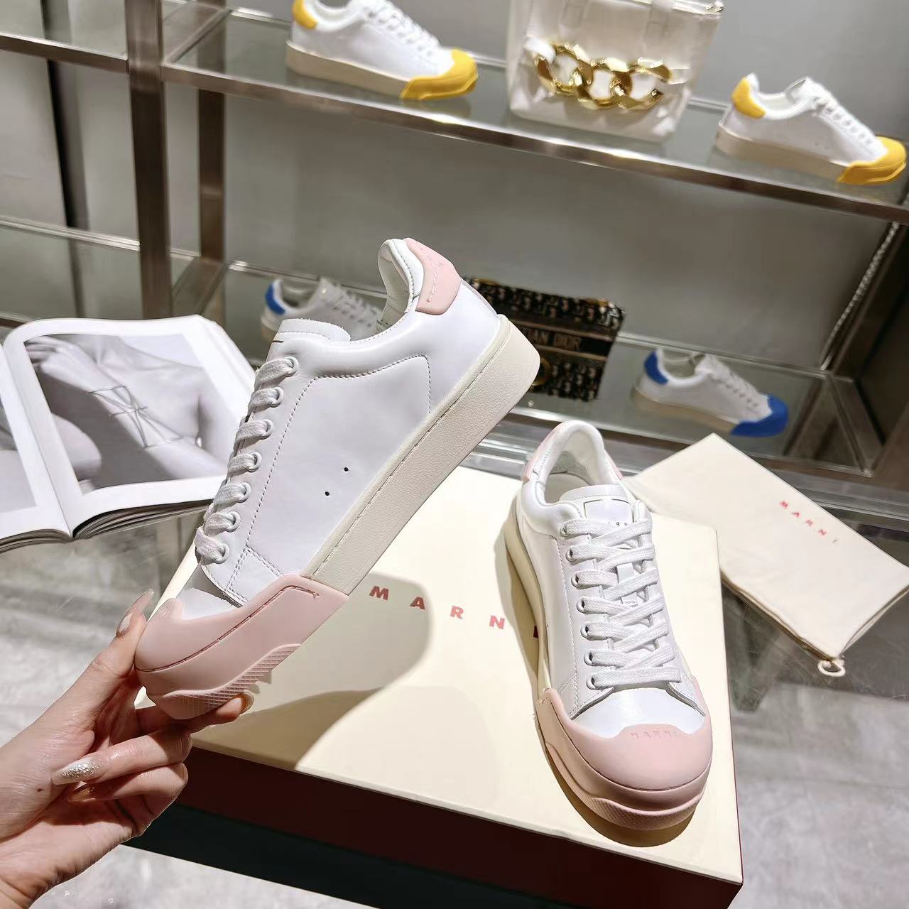 Marni Dada Bumper Sneaker In White And Pink Leather - DesignerGu