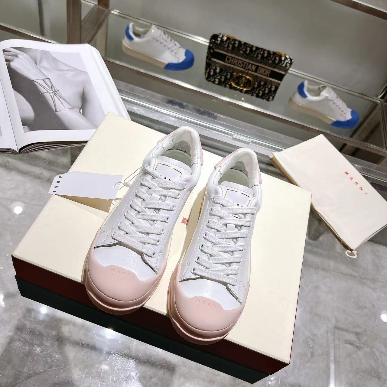 Marni Dada Bumper Sneaker In White And Pink Leather - DesignerGu