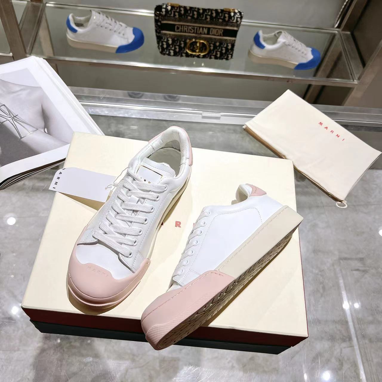 Marni Dada Bumper Sneaker In White And Pink Leather - DesignerGu