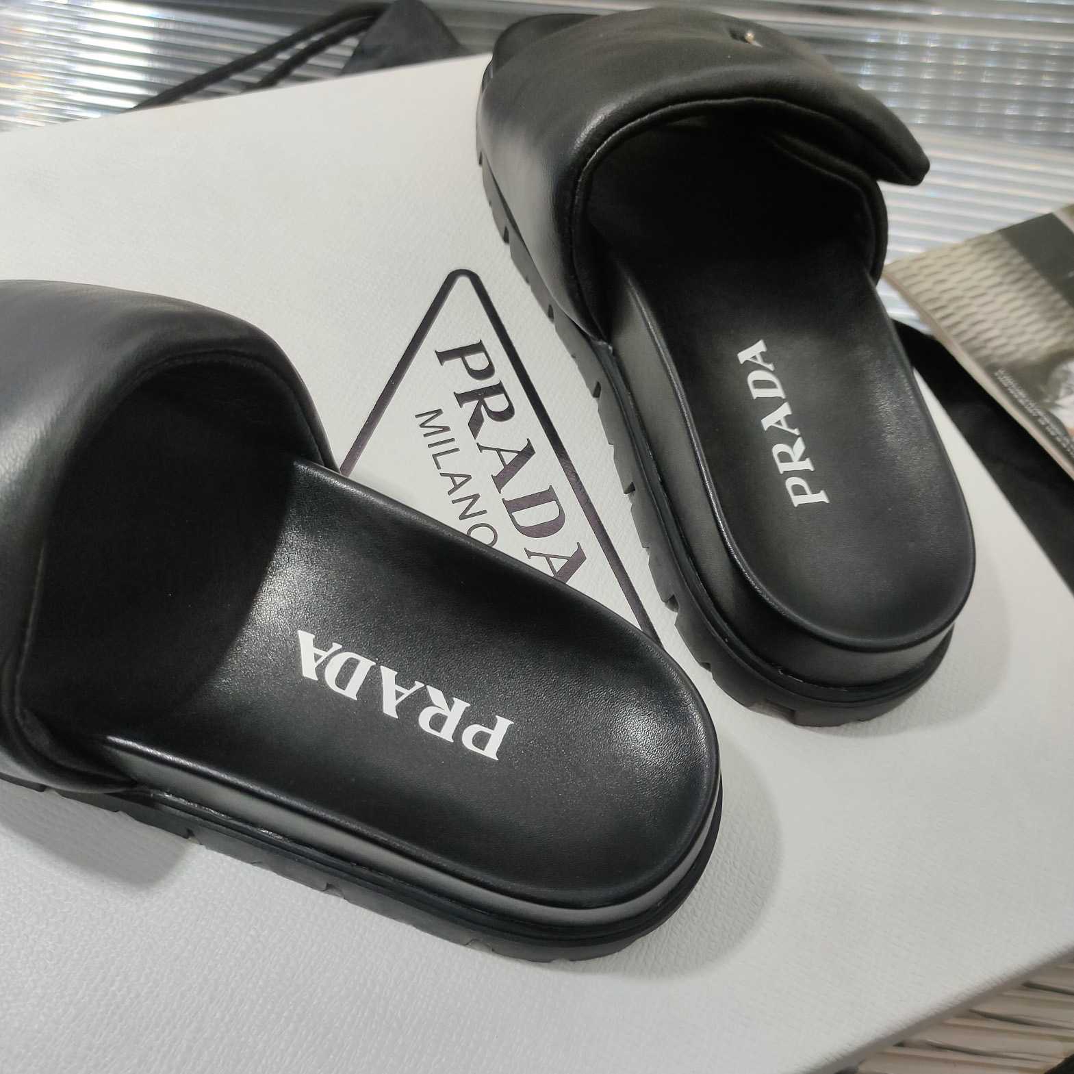 Prada Soft Padded Nappa Leather Slides - DesignerGu