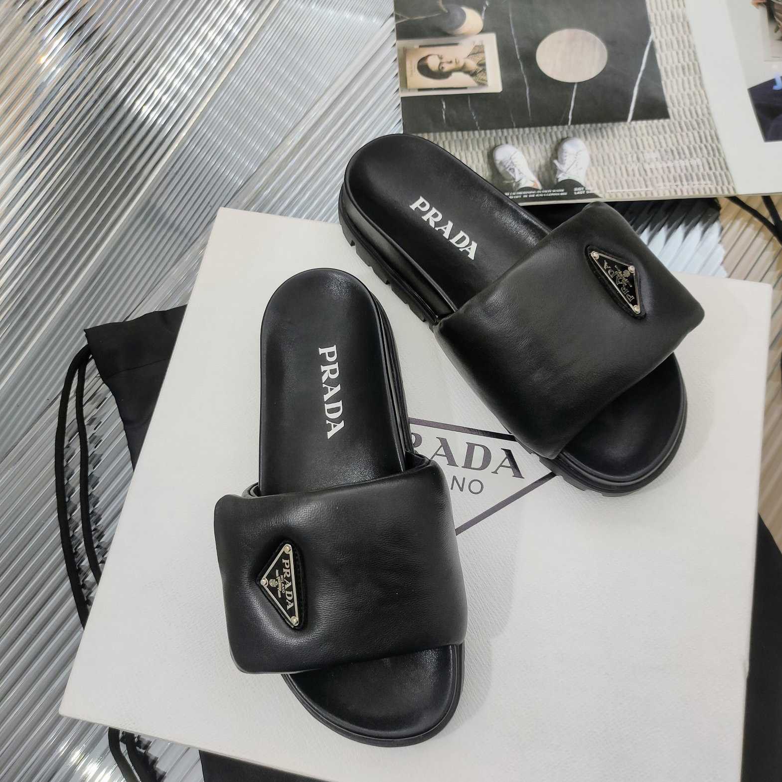 Prada Soft Padded Nappa Leather Slides - DesignerGu