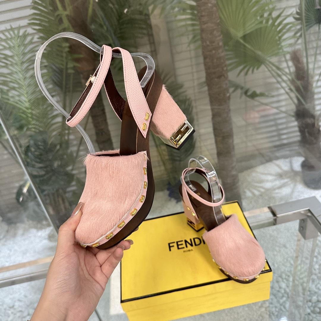 Fendi Baguette Show Pink pony Hair High-heeled Clogs - DesignerGu