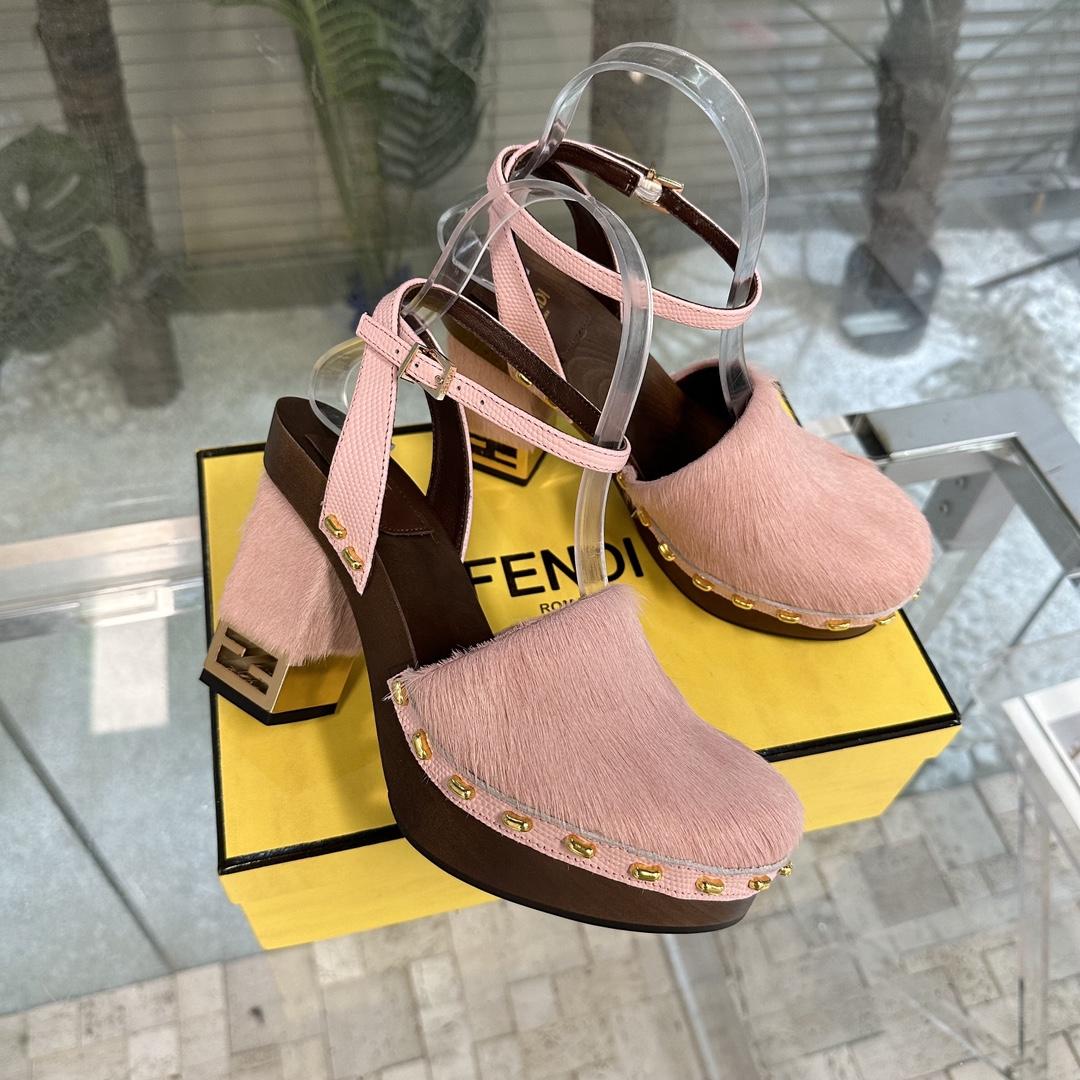 Fendi Baguette Show Pink pony Hair High-heeled Clogs - DesignerGu