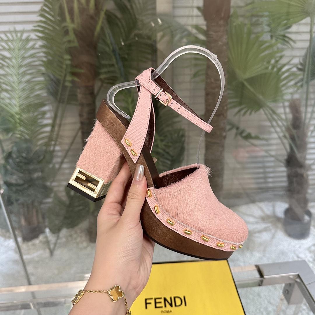 Fendi Baguette Show Pink pony Hair High-heeled Clogs - DesignerGu