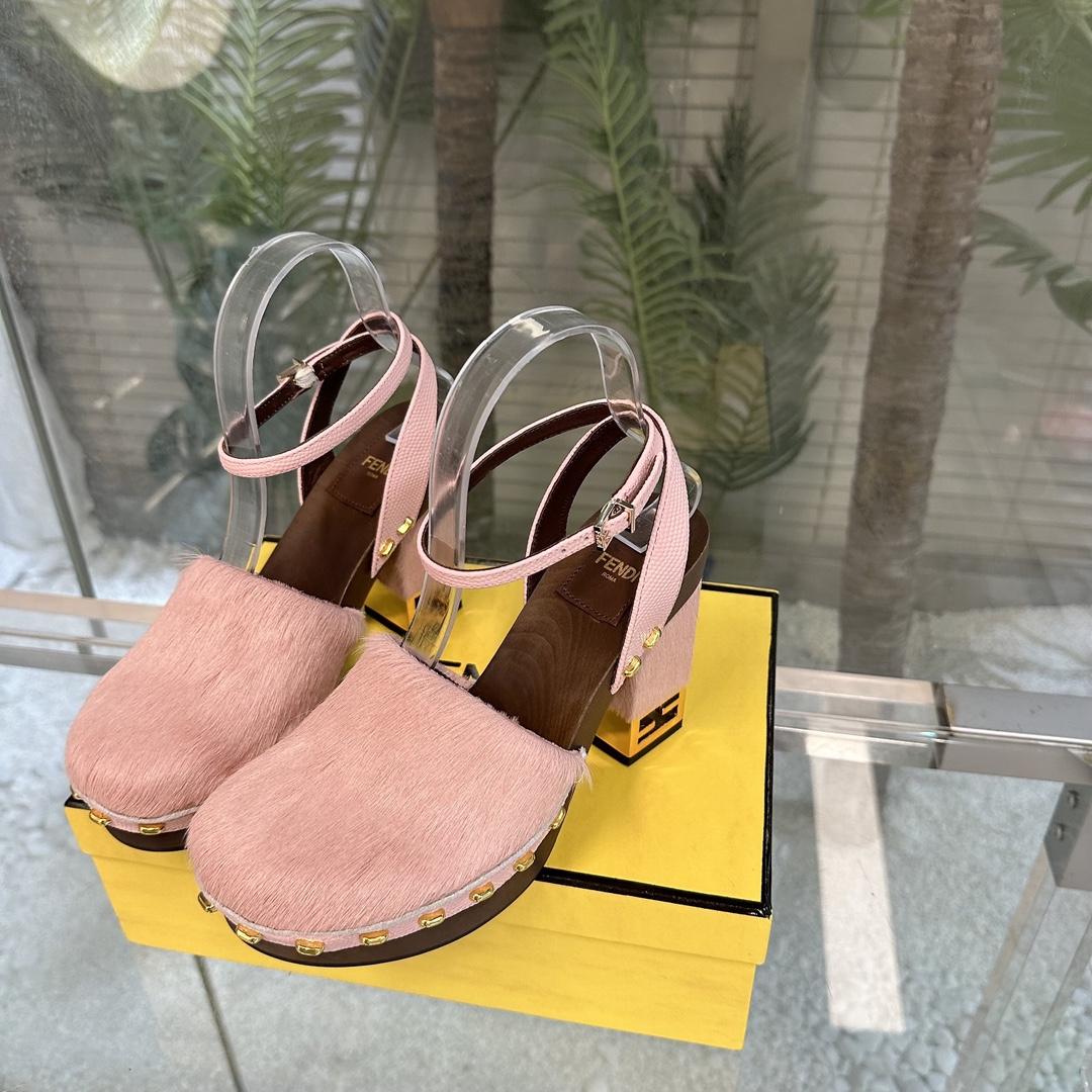 Fendi Baguette Show Pink pony Hair High-heeled Clogs - DesignerGu