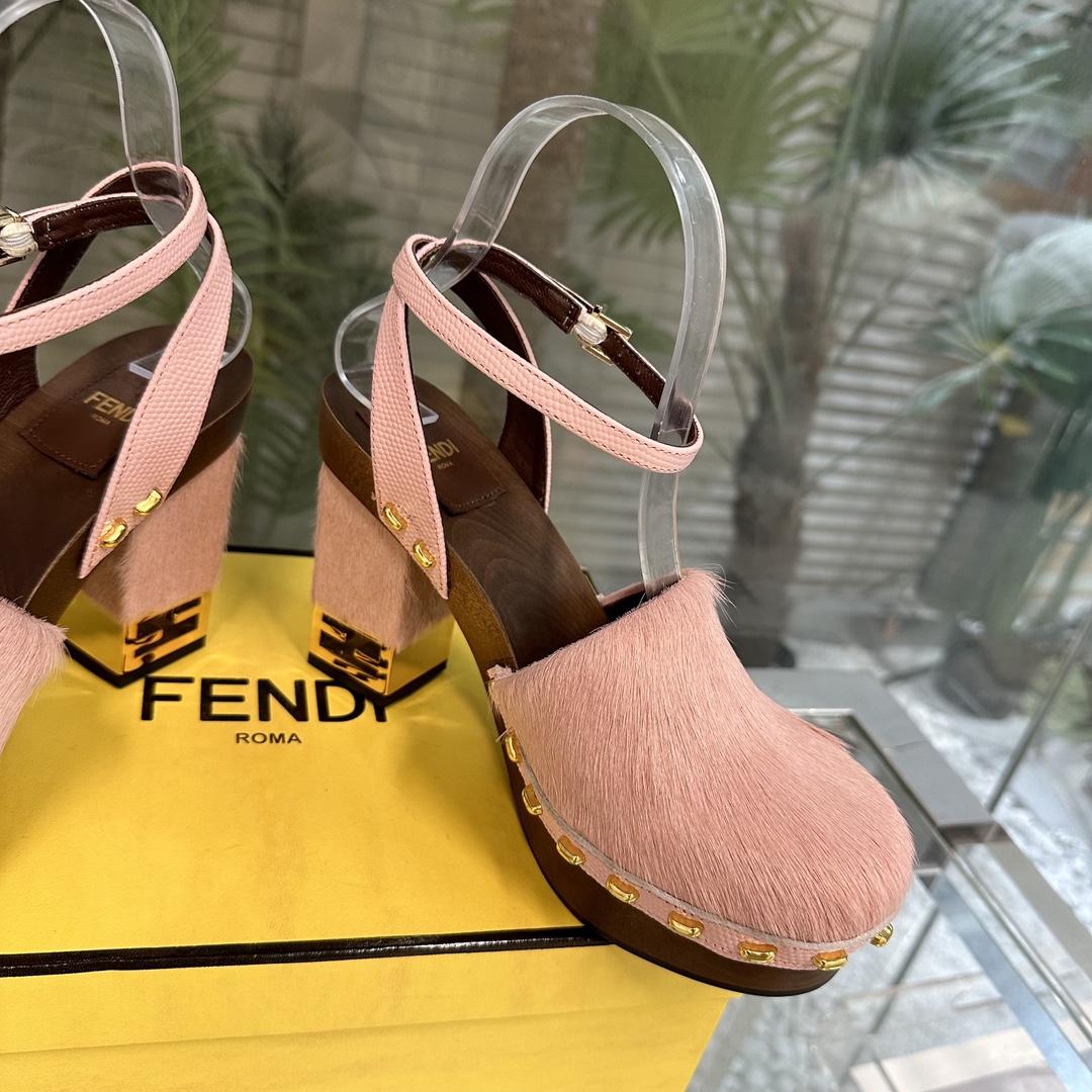 Fendi Baguette Show Pink pony Hair High-heeled Clogs - DesignerGu