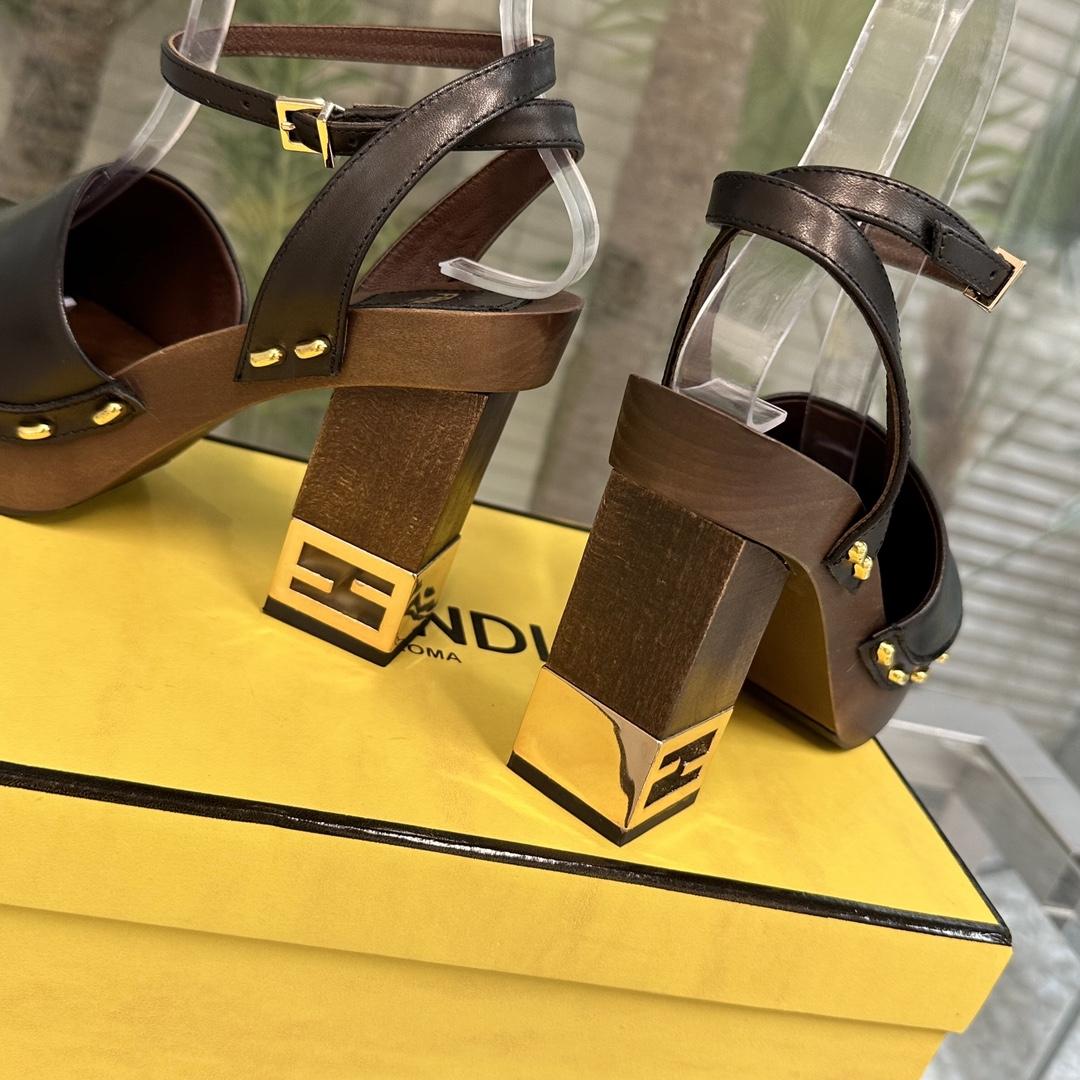 Fendi Baguette Show Black Leather High-heeled Clogs - DesignerGu