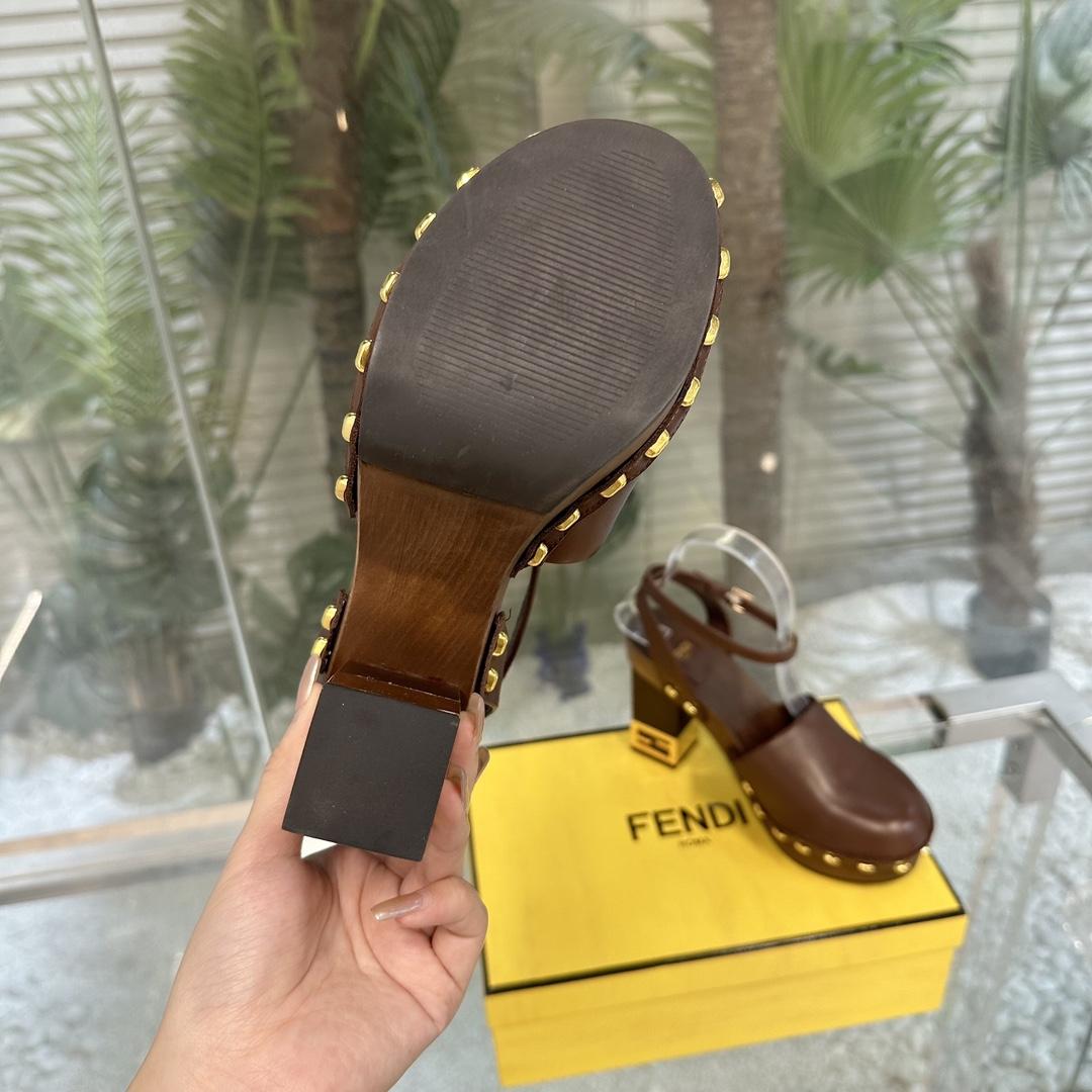 Fendi Baguette Show Brown Leather High-heeled Clogs - DesignerGu