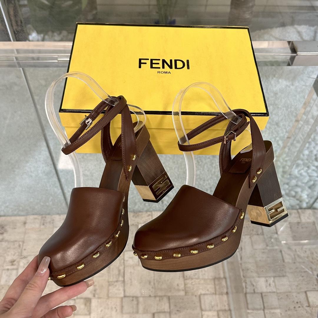 Fendi Baguette Show Brown Leather High-heeled Clogs - DesignerGu