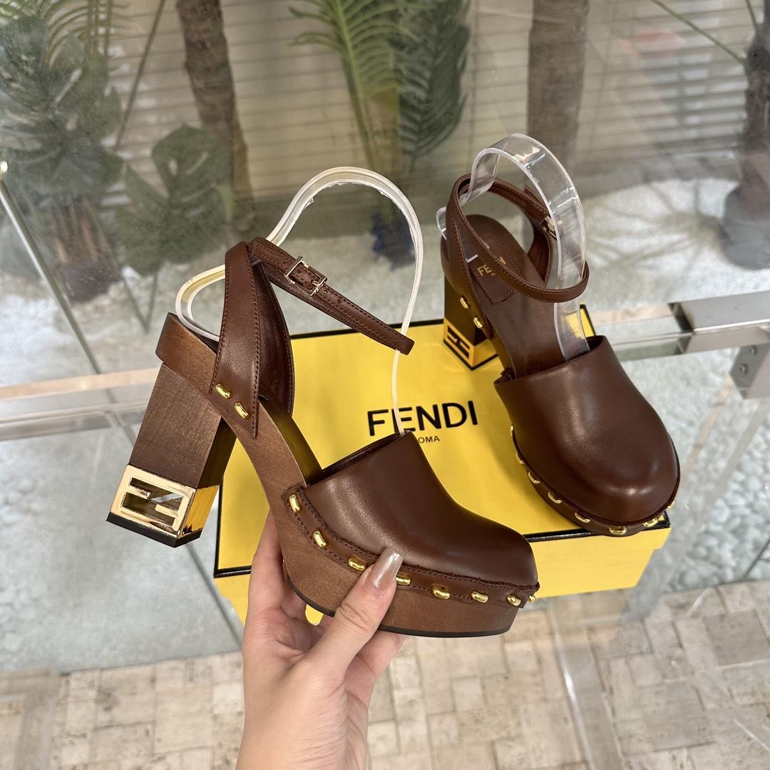 Fendi Baguette Show Brown Leather High-heeled Clogs - DesignerGu