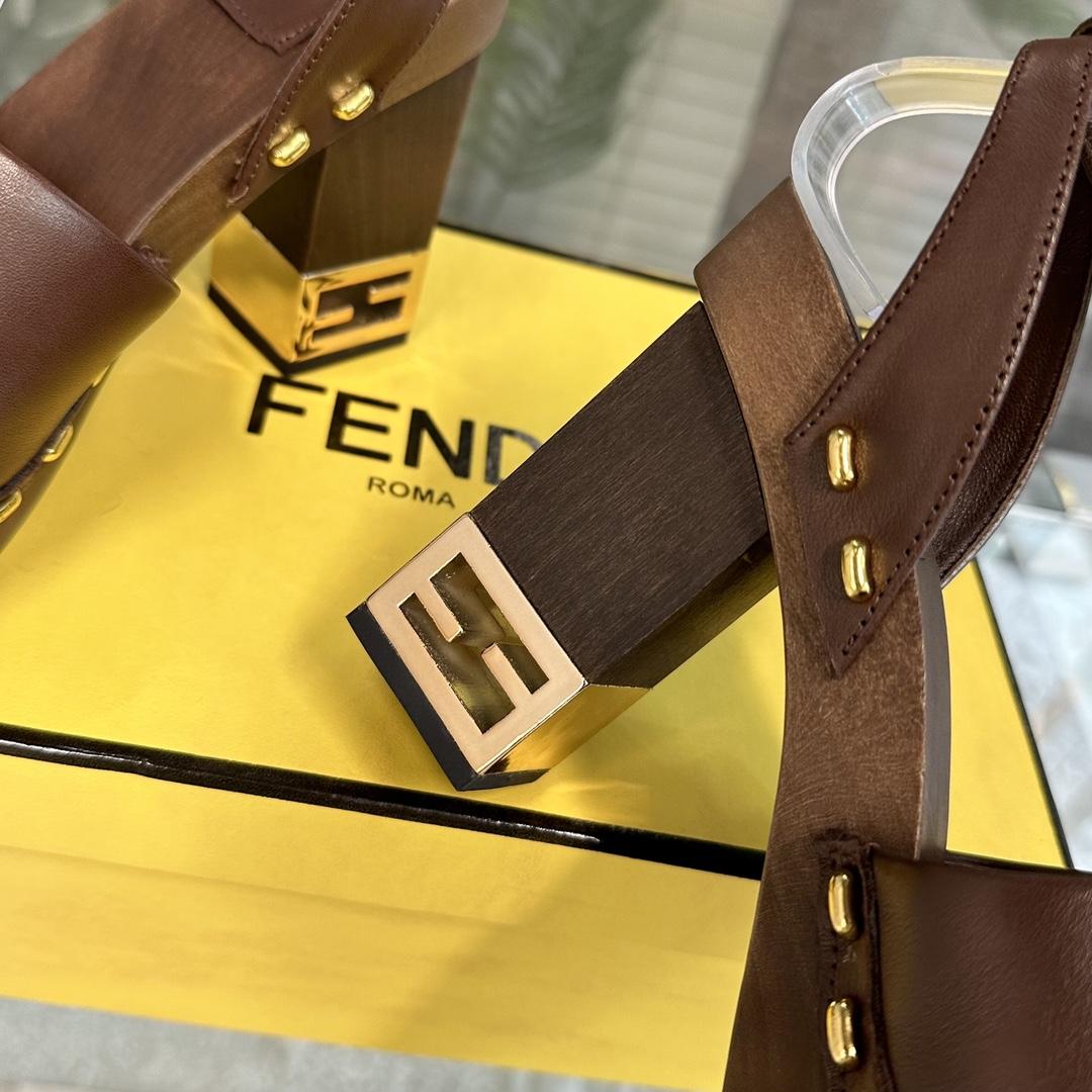 Fendi Baguette Show Brown Leather High-heeled Clogs - DesignerGu