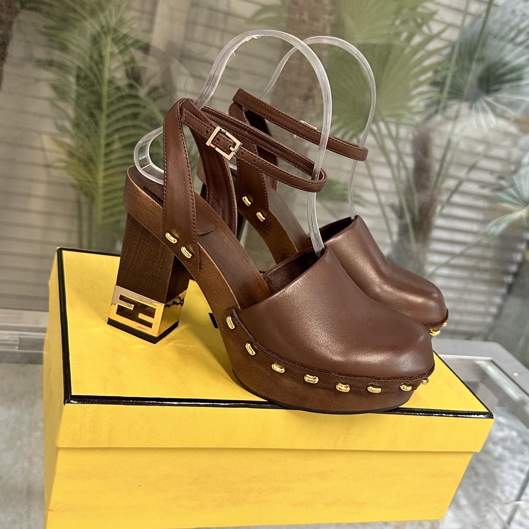 Fendi Baguette Show Brown Leather High-heeled Clogs - DesignerGu