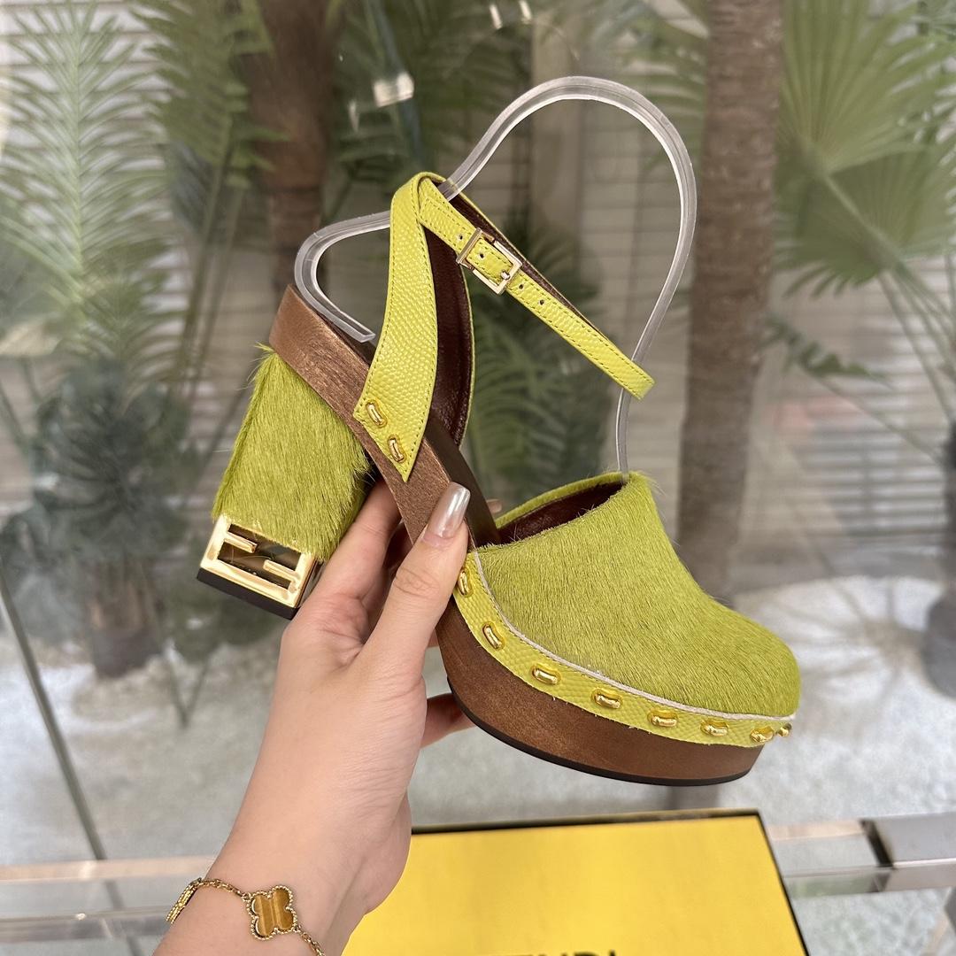 Fendi Baguette Show Green Pony Hair High-heeled Clogs - DesignerGu