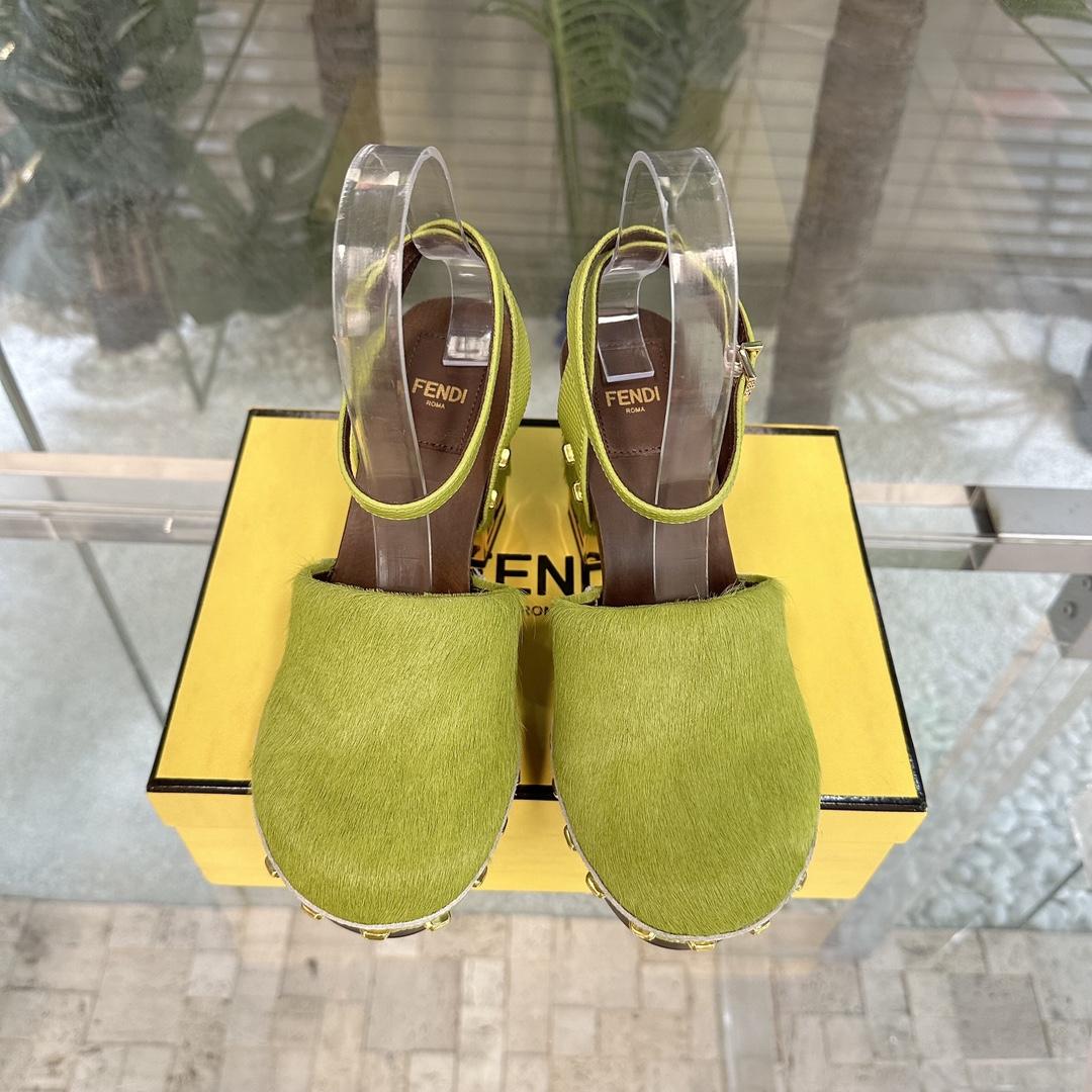 Fendi Baguette Show Green Pony Hair High-heeled Clogs - DesignerGu