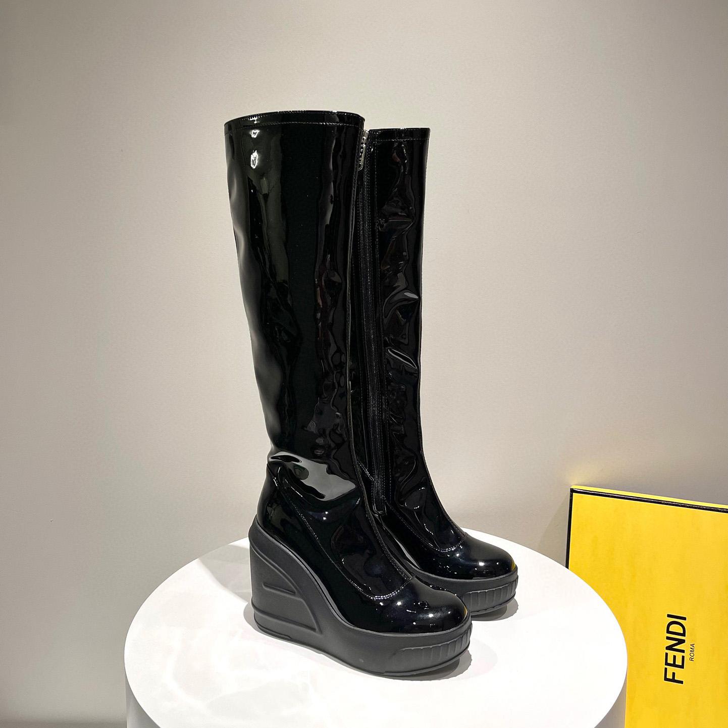 Fendi Fashion Show Black Patent Leather Boots - DesignerGu