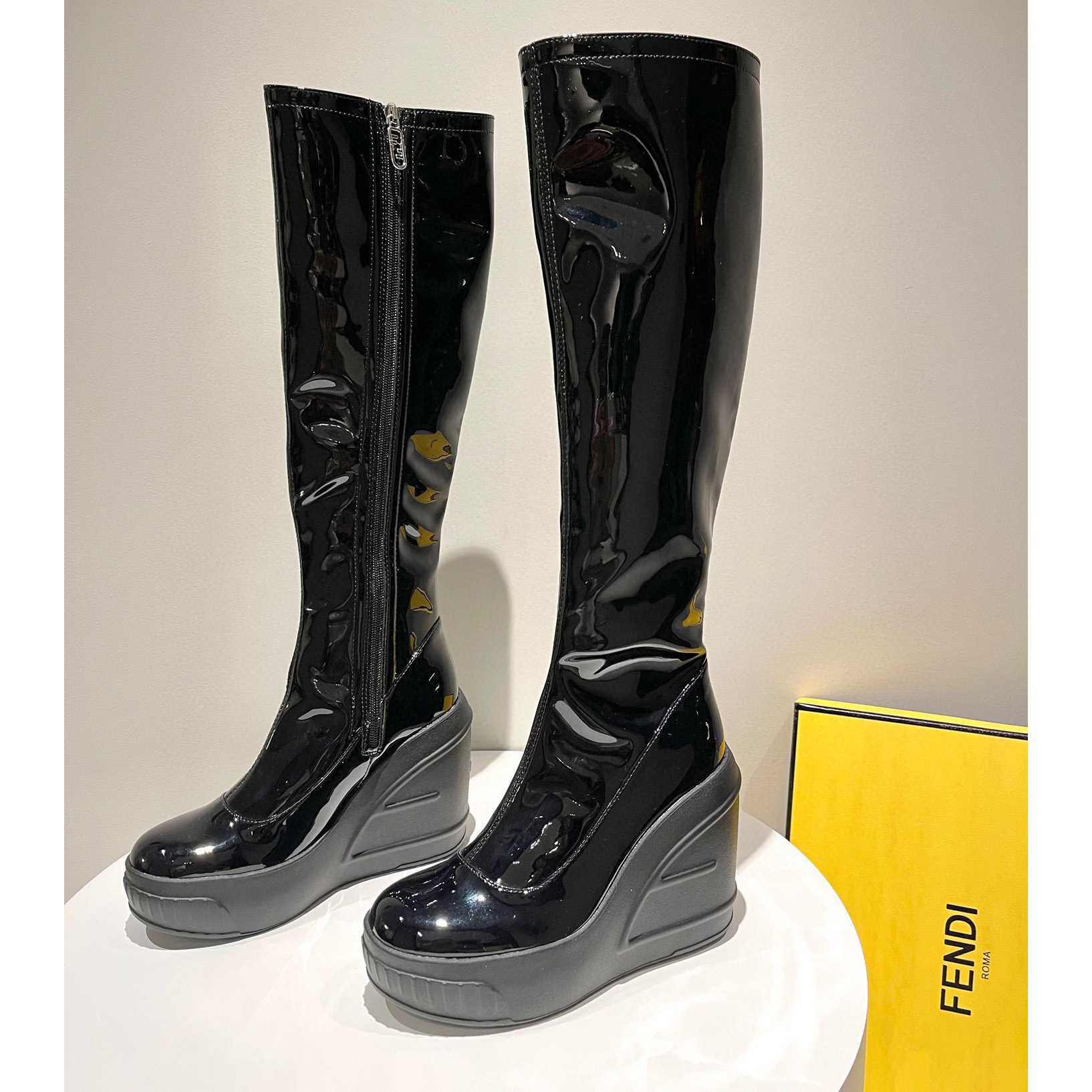 Fendi Fashion Show Black Patent Leather Boots - DesignerGu