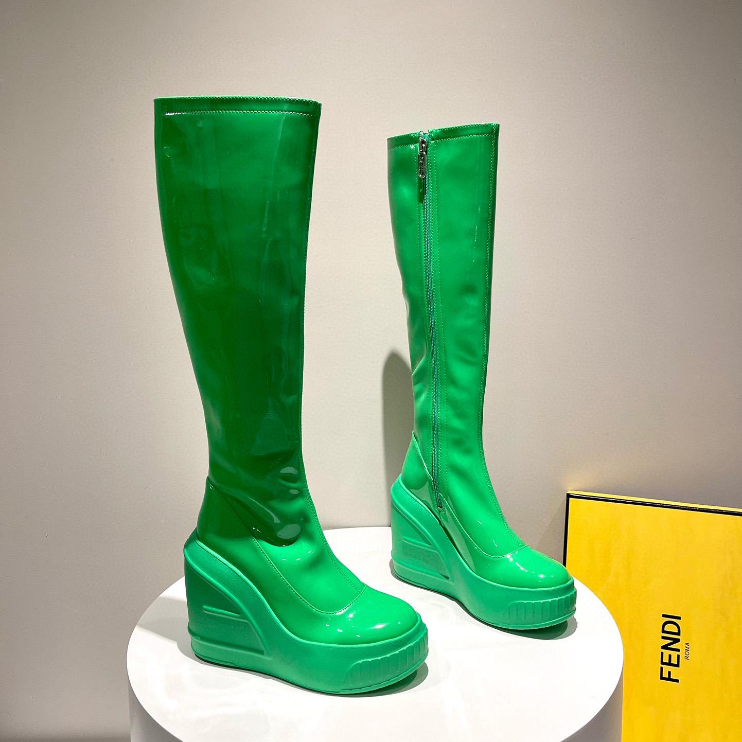 Fendi Fashion Show Green Patent Leather Boots - DesignerGu