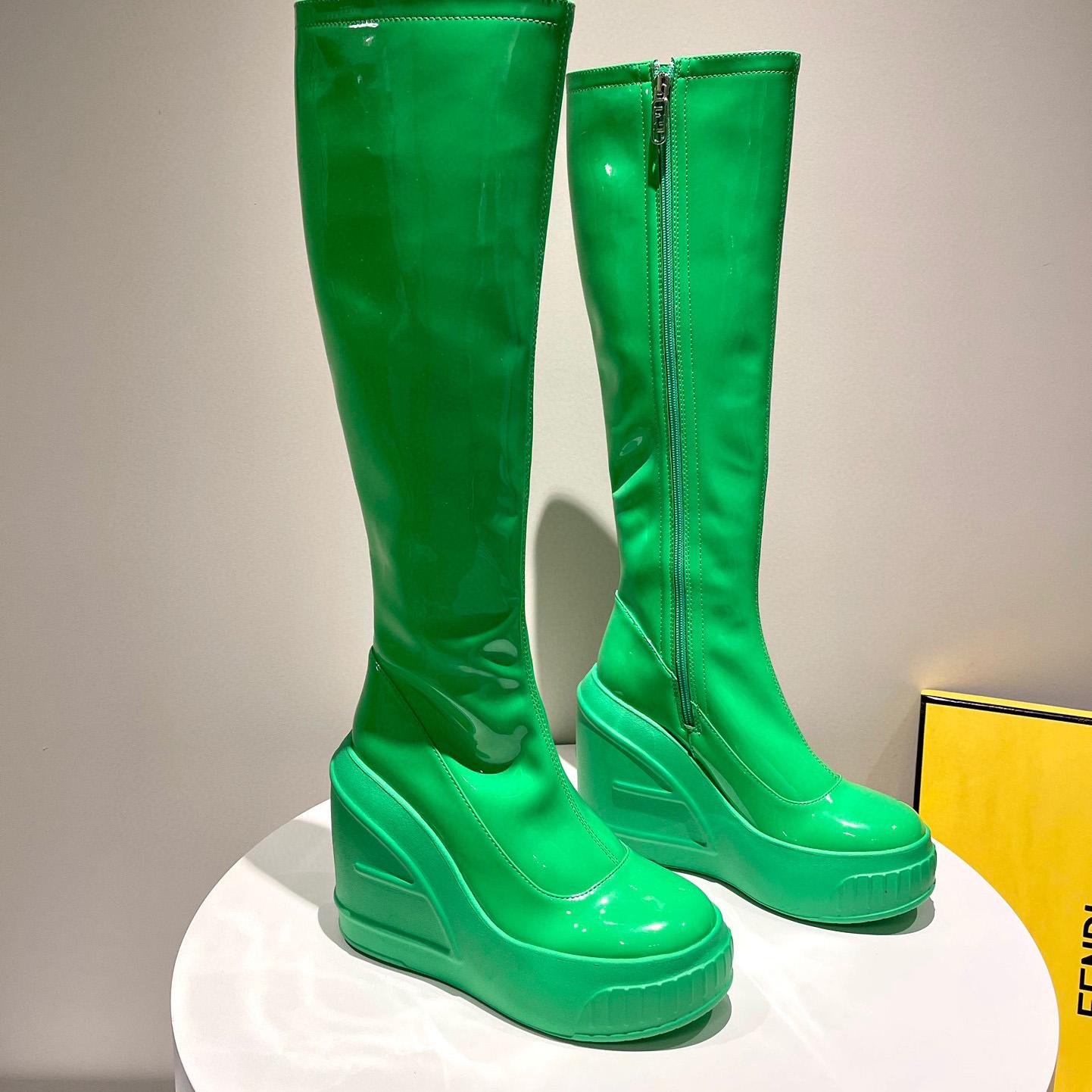 Fendi Fashion Show Green Patent Leather Boots - DesignerGu