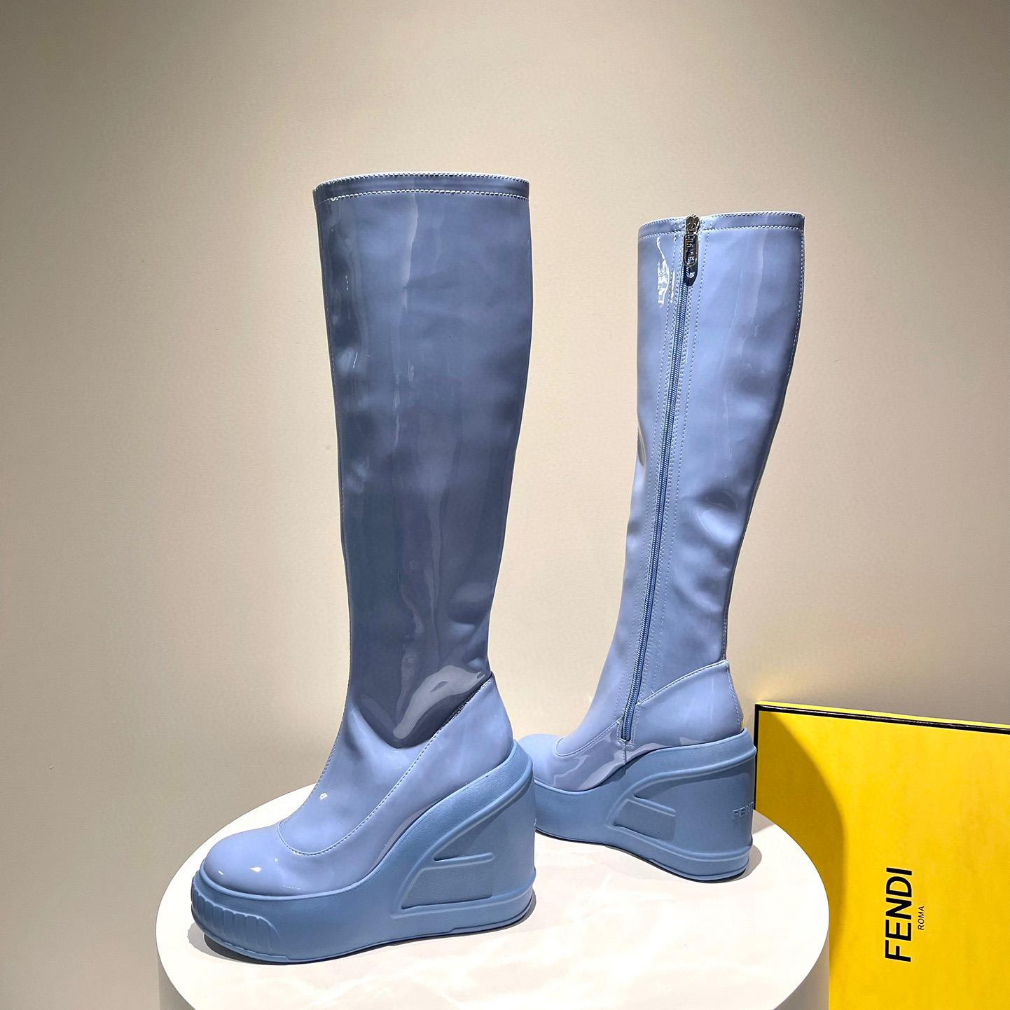 Fendi Fashion Show Blue Patent Leather Boots - DesignerGu