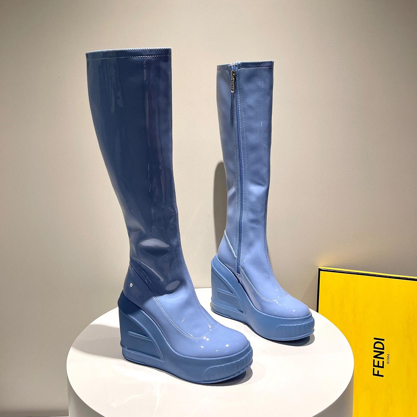 Fendi Fashion Show Blue Patent Leather Boots - DesignerGu