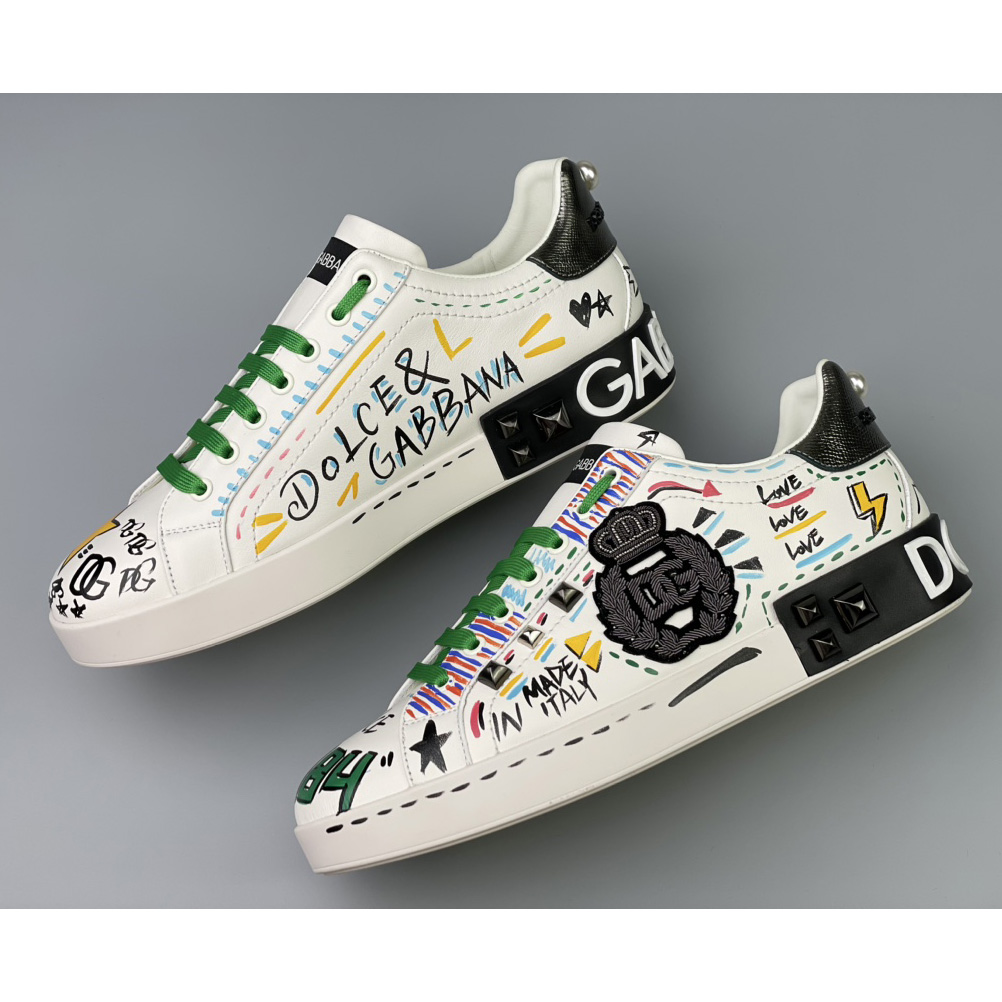 Dolce & Gabbana Calfskin Portofino Sneakers With Embroidery And Studs - DesignerGu