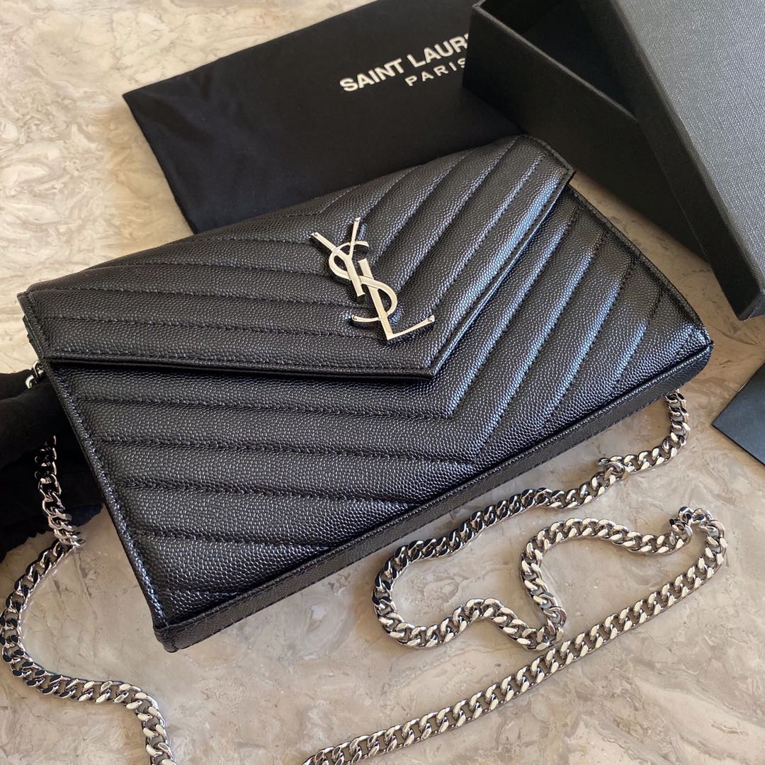 Saint Laurent Cassandre Matelasse Envelope Chain Wallet In Grain De Poudre Embossed Leather - DesignerGu