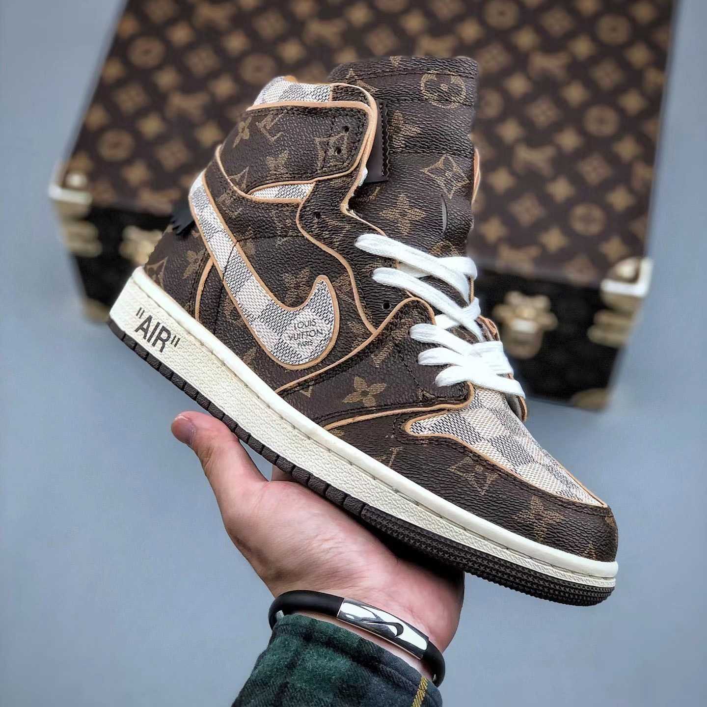 Louis Vuitton x Nike Air Jordan 1 Low OG Custom"Damier Azur/Brown/LV Monogram" Sneakers - DesignerGu