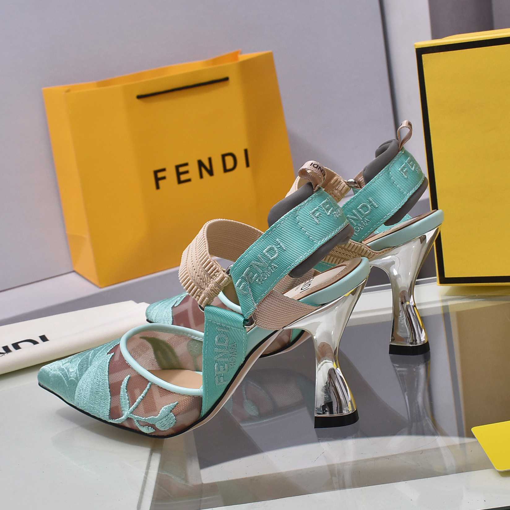 Fendi Colibrì Beige Mesh High-heeled Slingbacks - DesignerGu