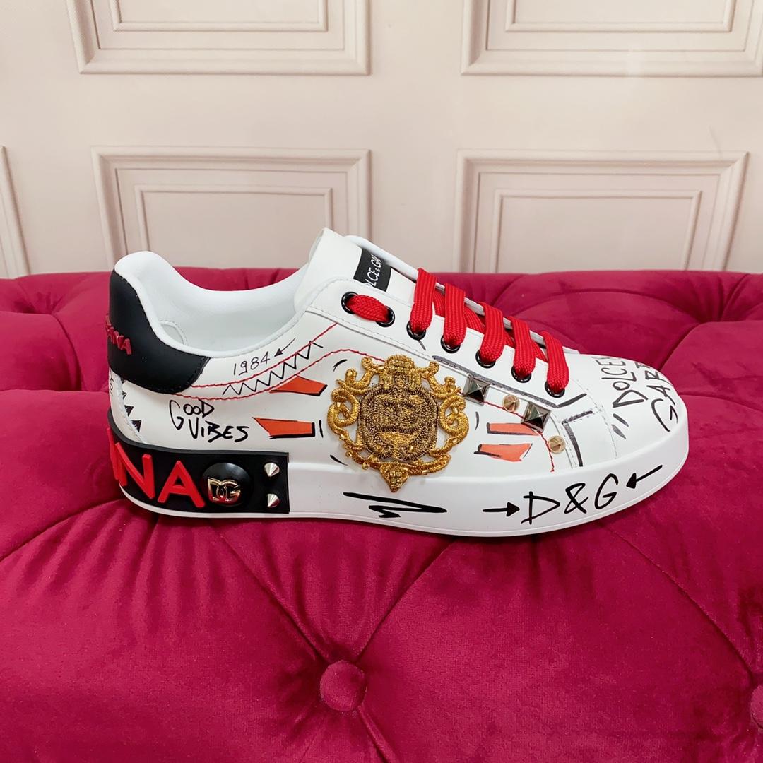 Dolce & Gabbana Calfskin Portofino Sneakers With Embroidery And Studs - DesignerGu