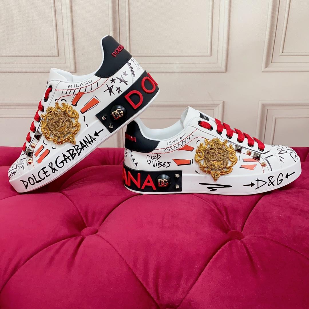 Dolce & Gabbana Calfskin Portofino Sneakers With Embroidery And Studs - DesignerGu