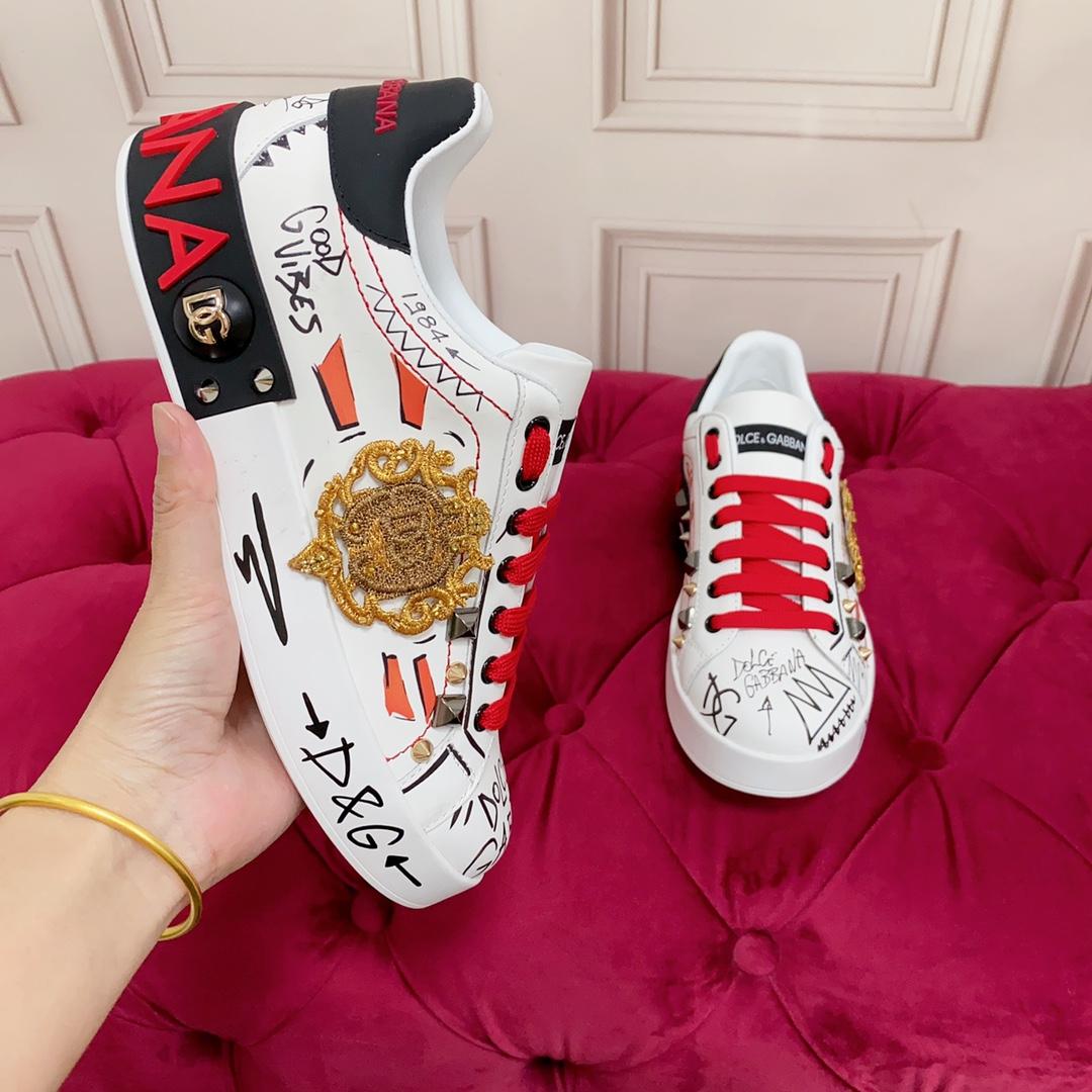 Dolce & Gabbana Calfskin Portofino Sneakers With Embroidery And Studs - DesignerGu