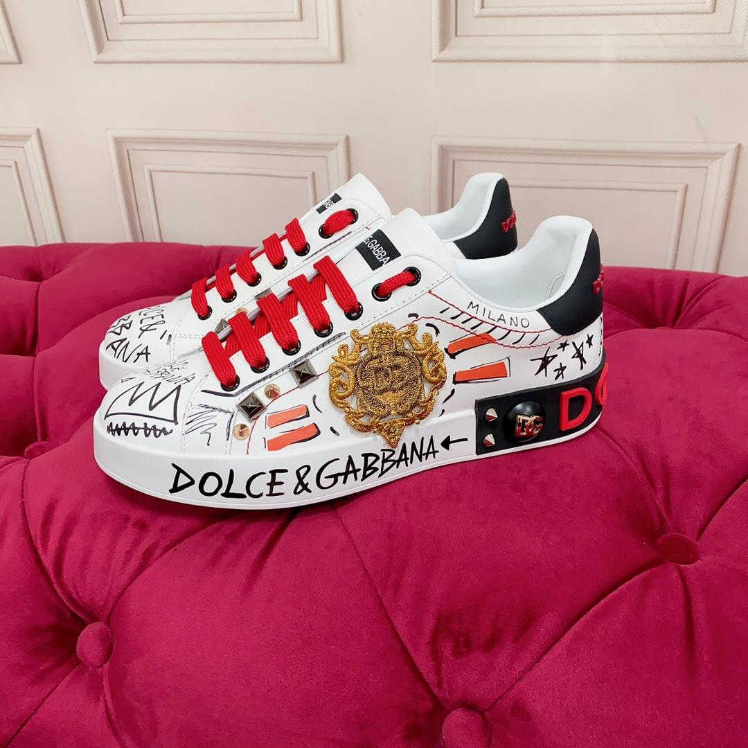 Dolce & Gabbana Calfskin Portofino Sneakers With Embroidery And Studs - DesignerGu