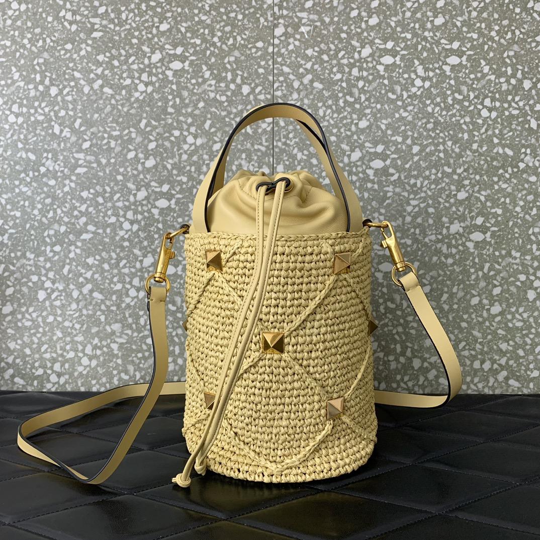 Valenti  Roman Stud Raffia Bucket Bag - DesignerGu