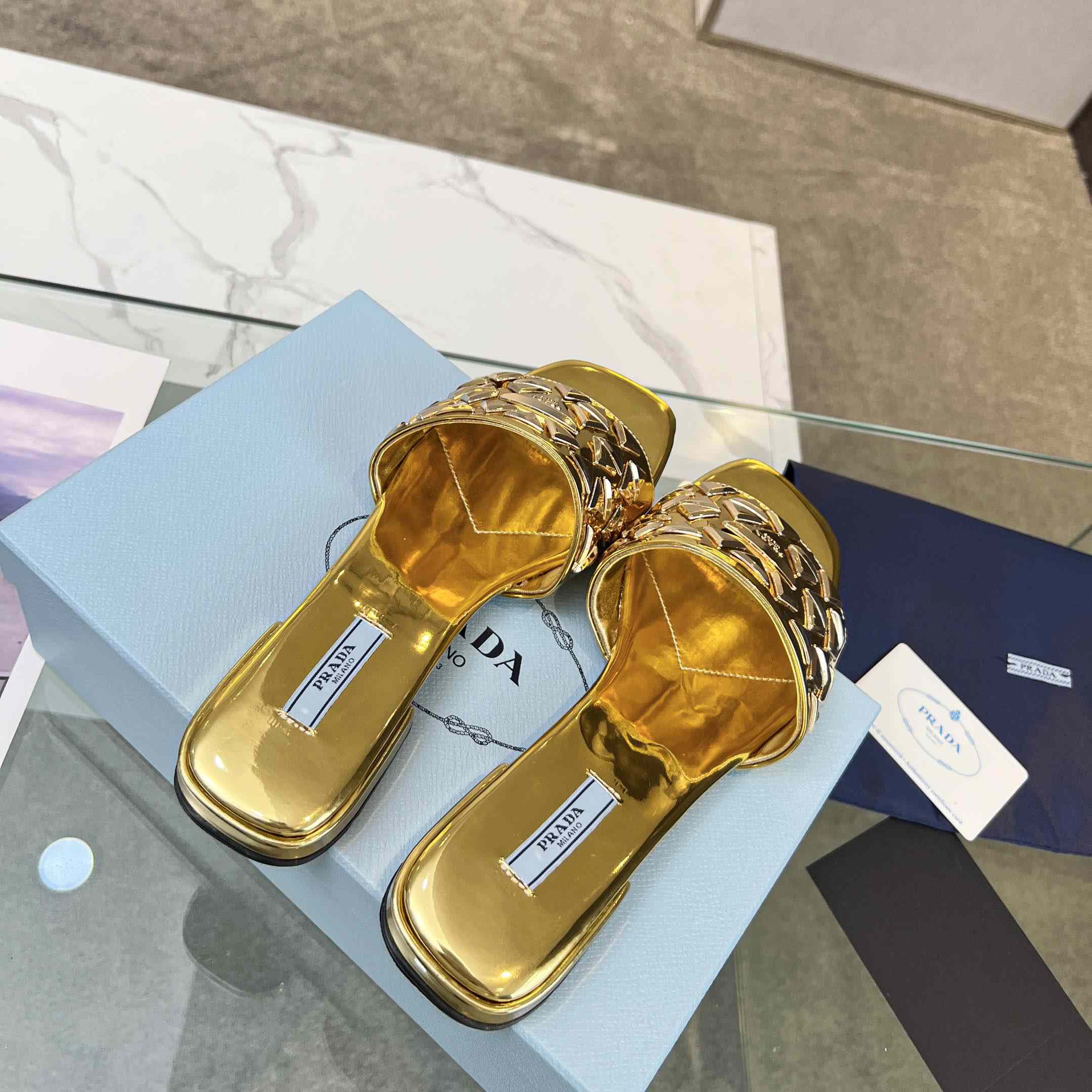 Prada Studded Metallic Leather Slides - DesignerGu