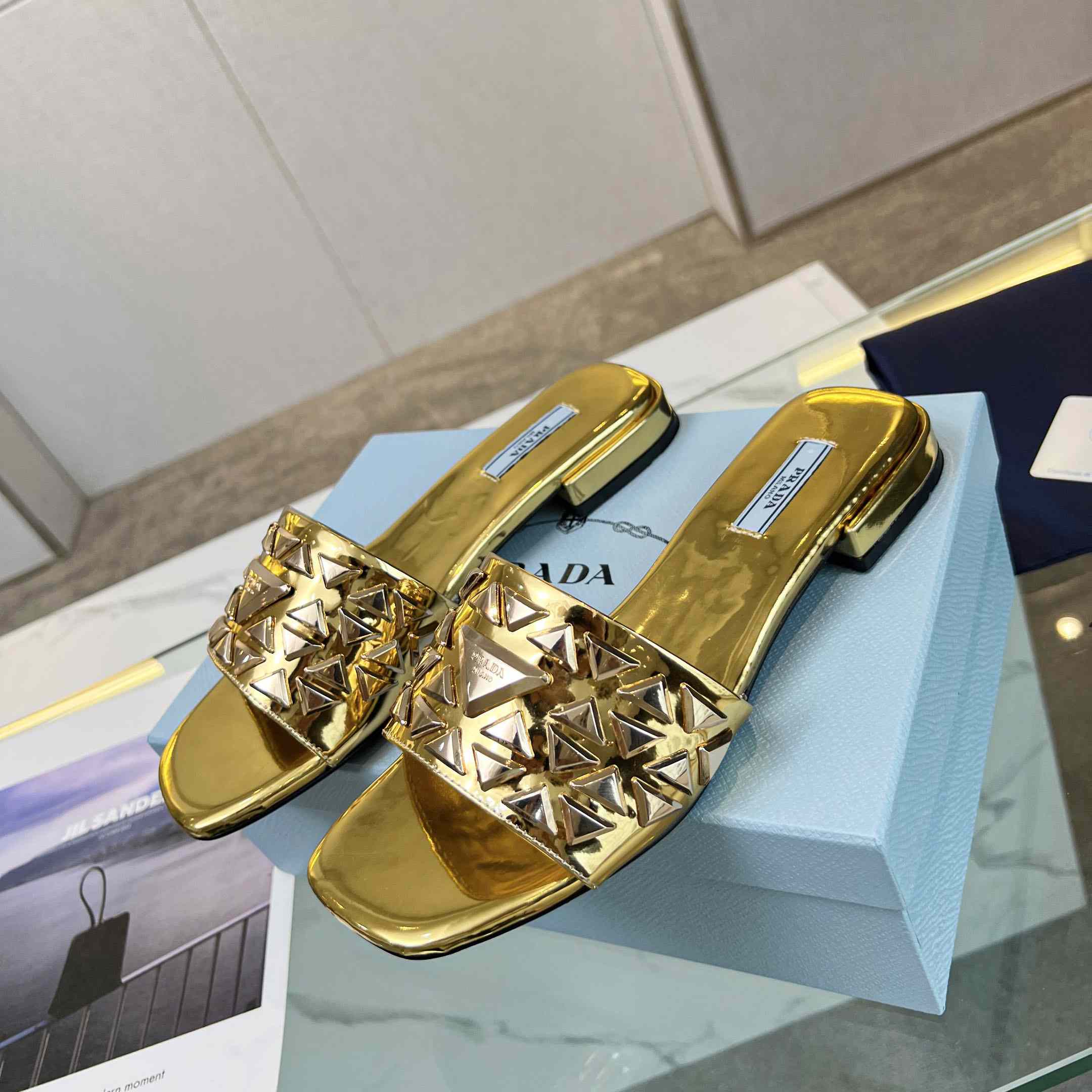 Prada Studded Metallic Leather Slides - DesignerGu