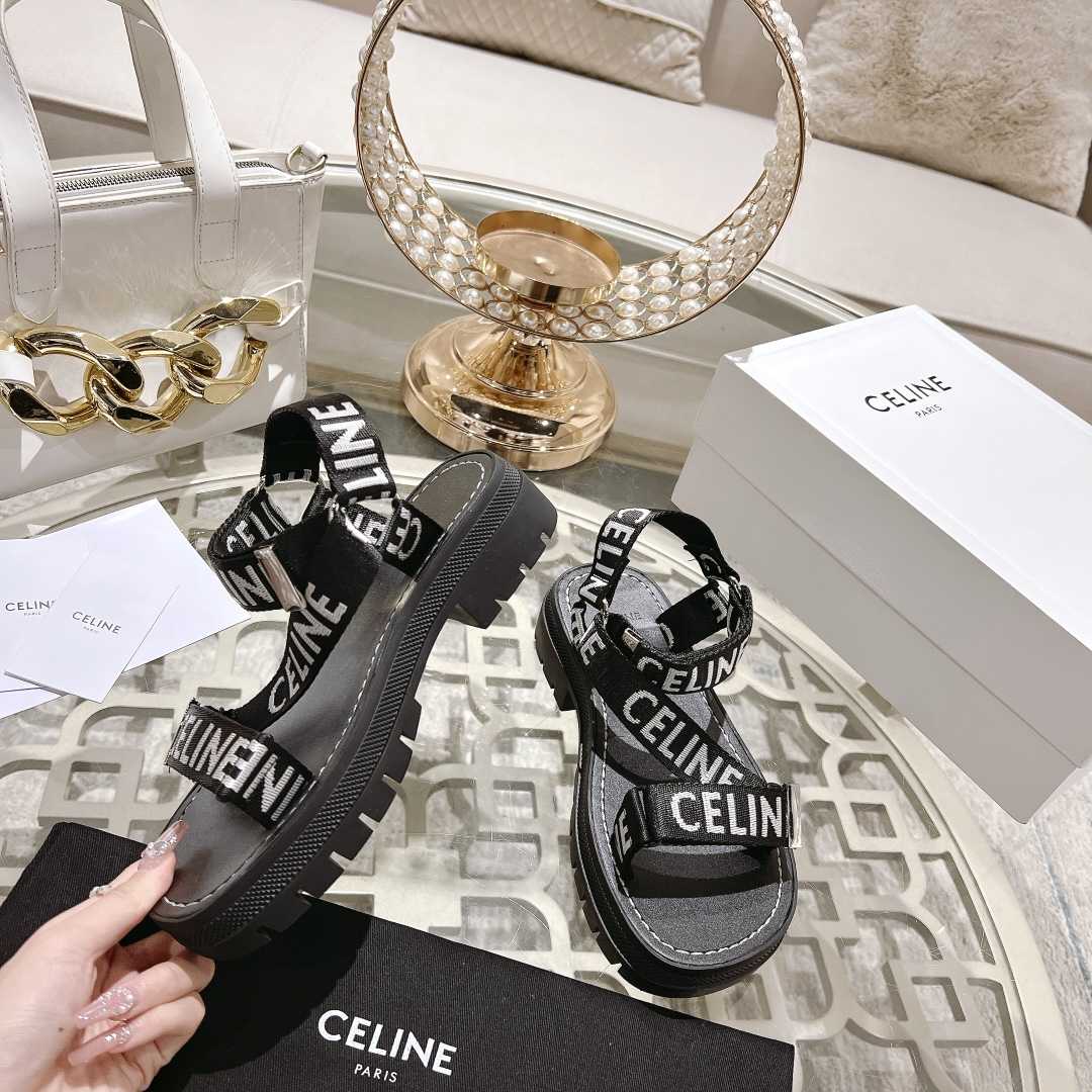 Celine Leo Strappy Sandal In With ''Celine'' Jacquard Black / White - DesignerGu