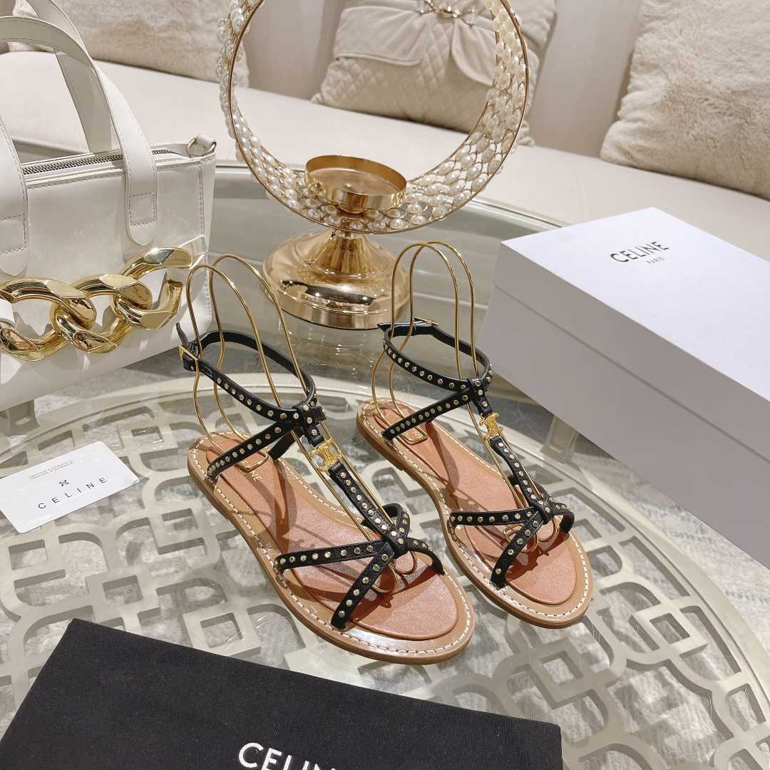 Celine Taillat Flat Sandal With Studs In Calfskin - Vegetal Tanning & Studs Black - DesignerGu