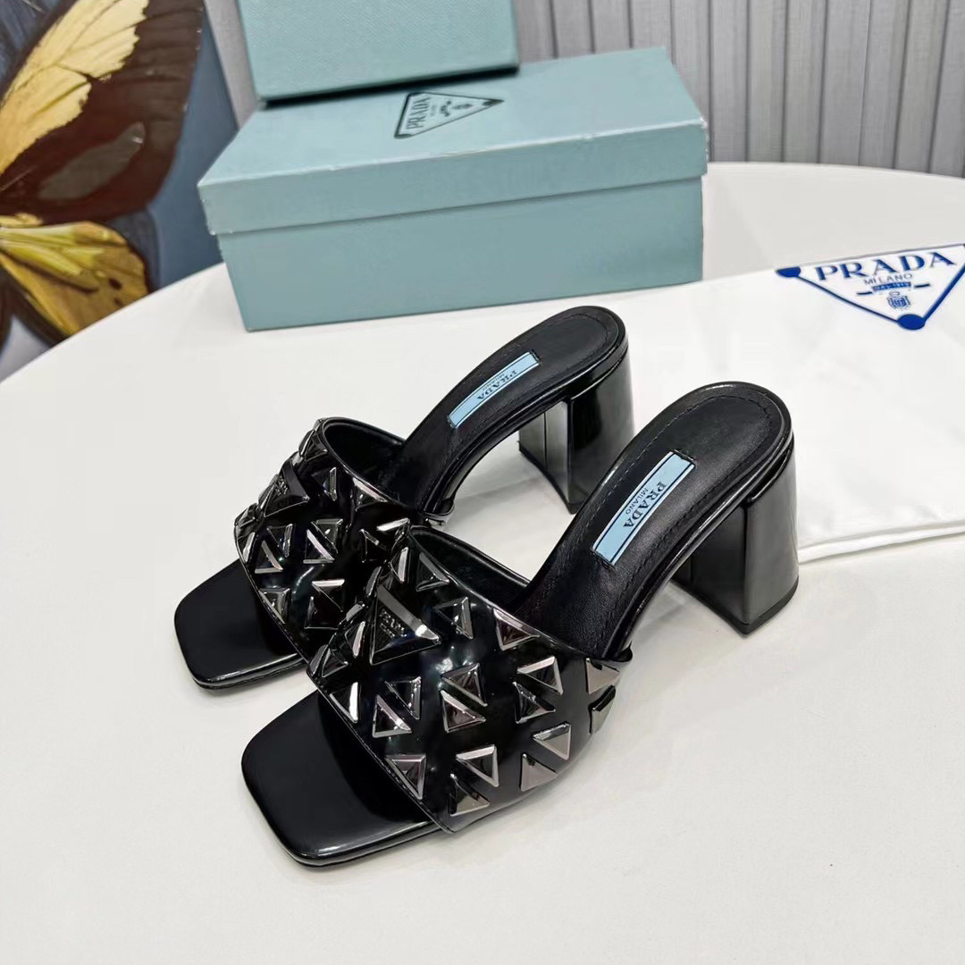 Prada Studded Metallic Leather Mules - DesignerGu