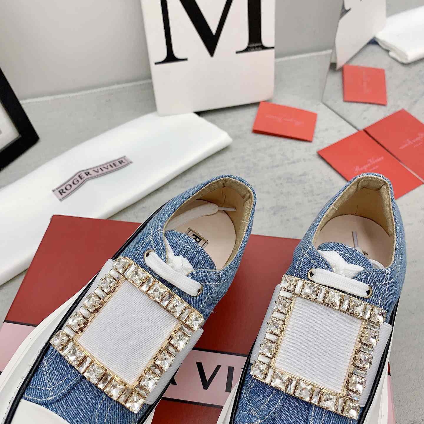 Roger Vivier Viv' Go-Thick Strass Buckle Slip-on Sneakers In Denim - DesignerGu