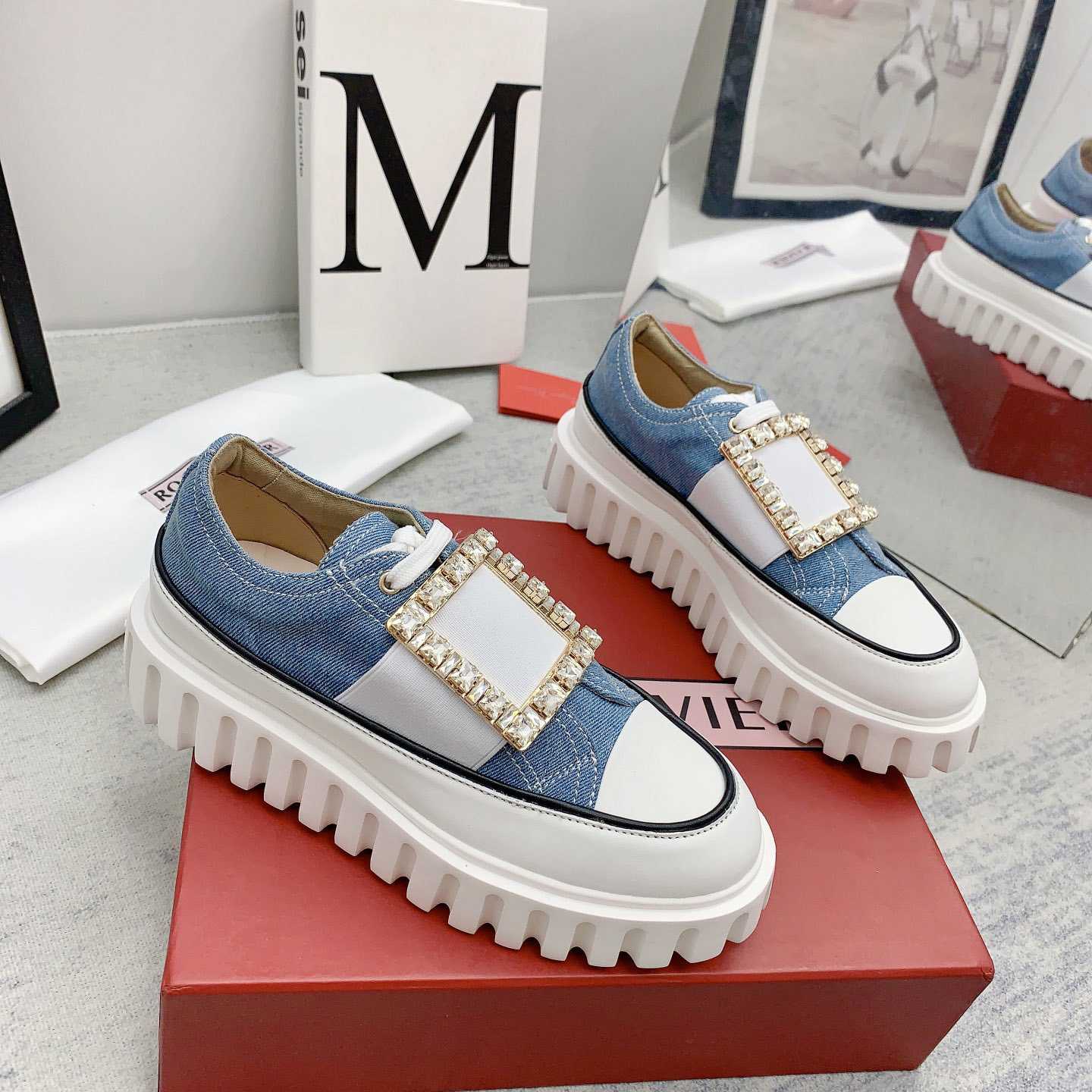 Roger Vivier Viv' Go-Thick Strass Buckle Slip-on Sneakers In Denim - DesignerGu