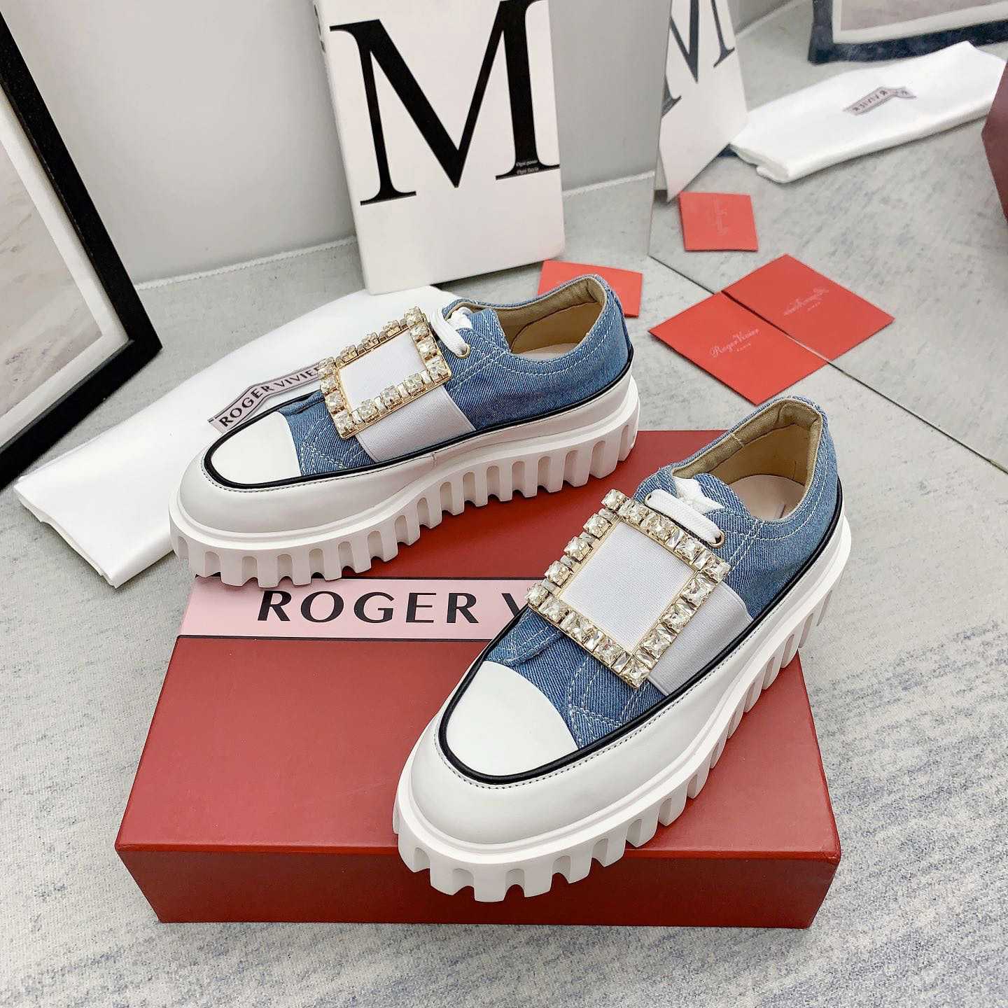 Roger Vivier Viv' Go-Thick Strass Buckle Slip-on Sneakers In Denim - DesignerGu