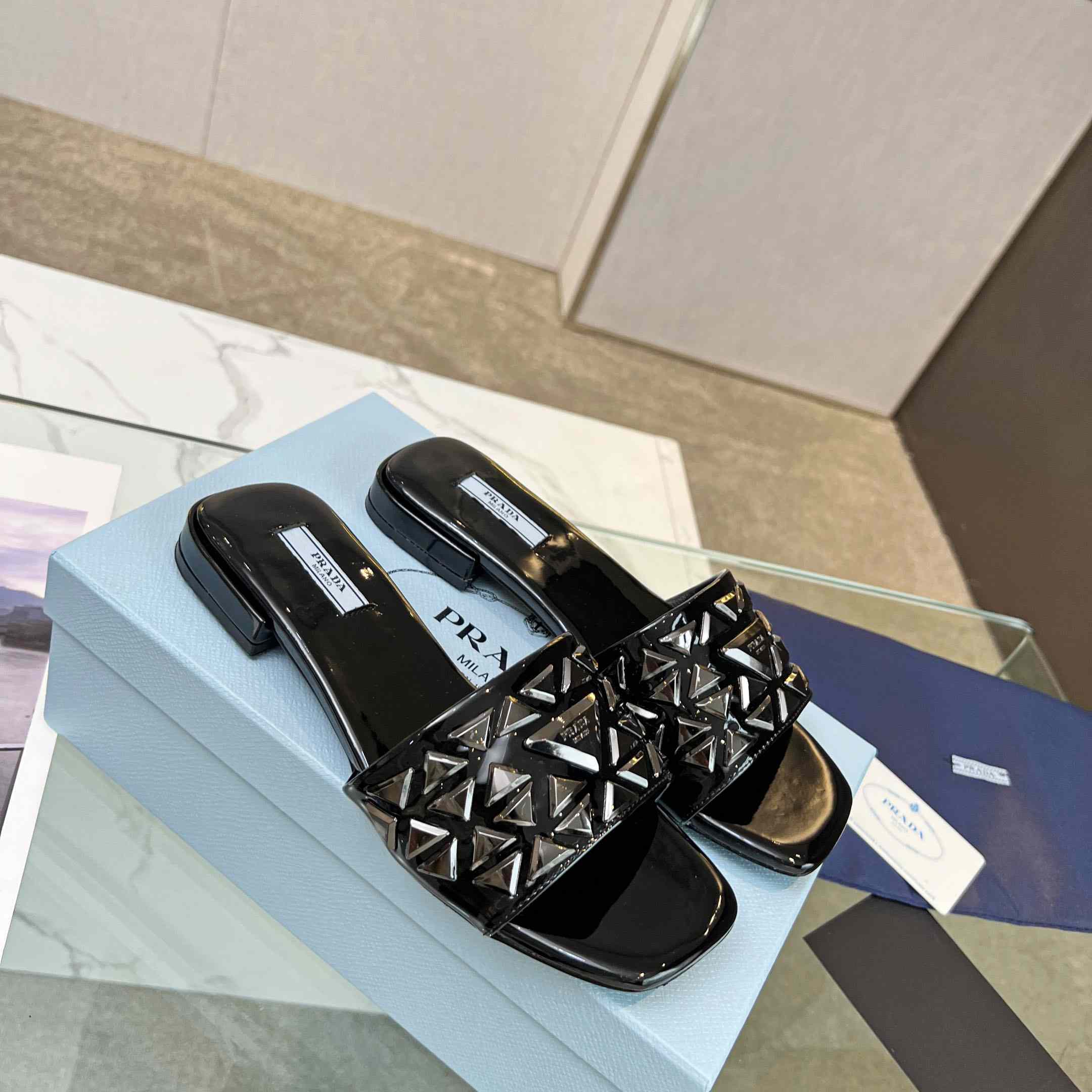 Prada Studded Metallic Leather Slides - DesignerGu