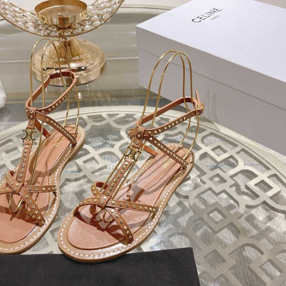 Celine Taillat Flat Sandal With Studs In Calfskin - Vegetal Tanning & Studs Tan - DesignerGu