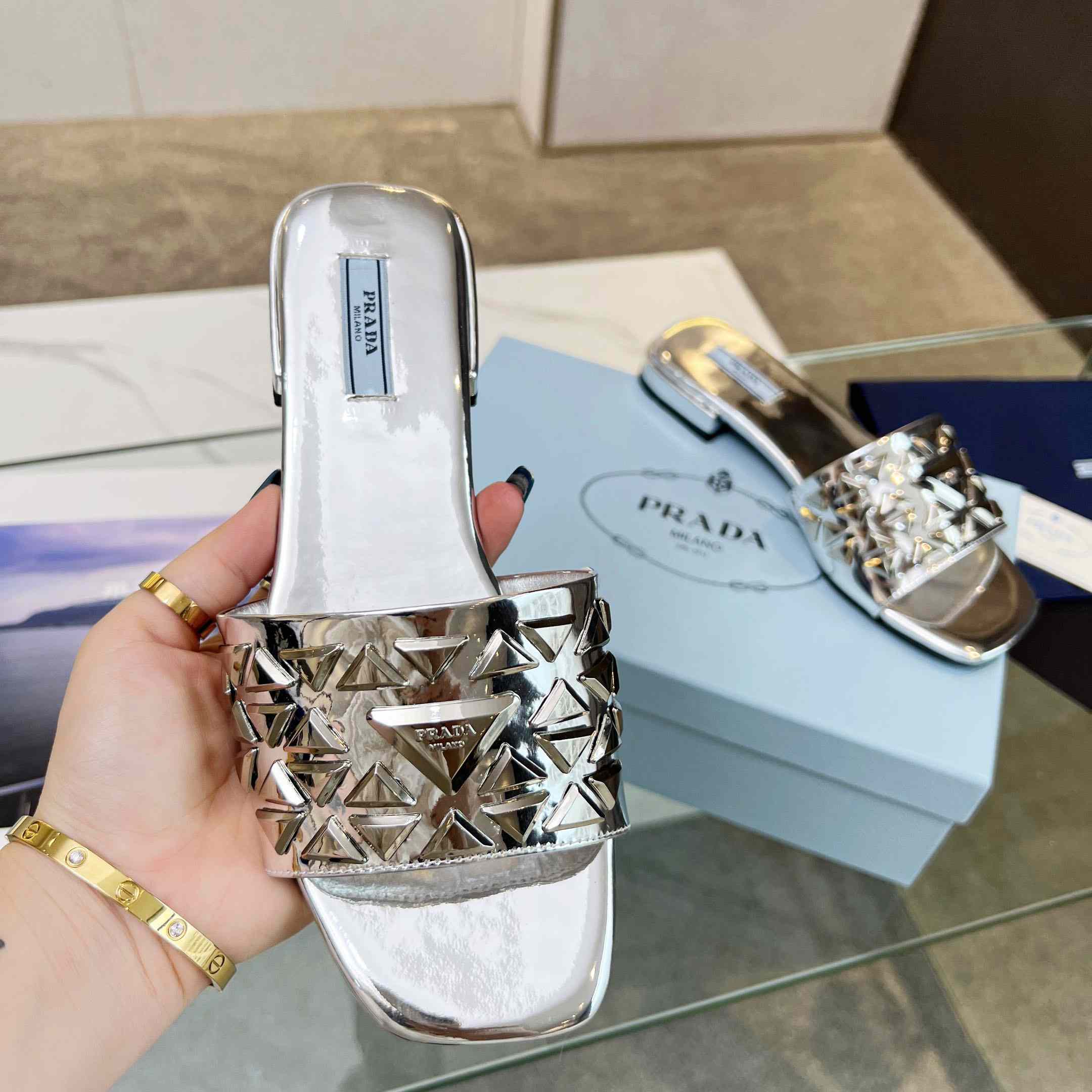 Prada Studded Metallic Leather Slides - DesignerGu