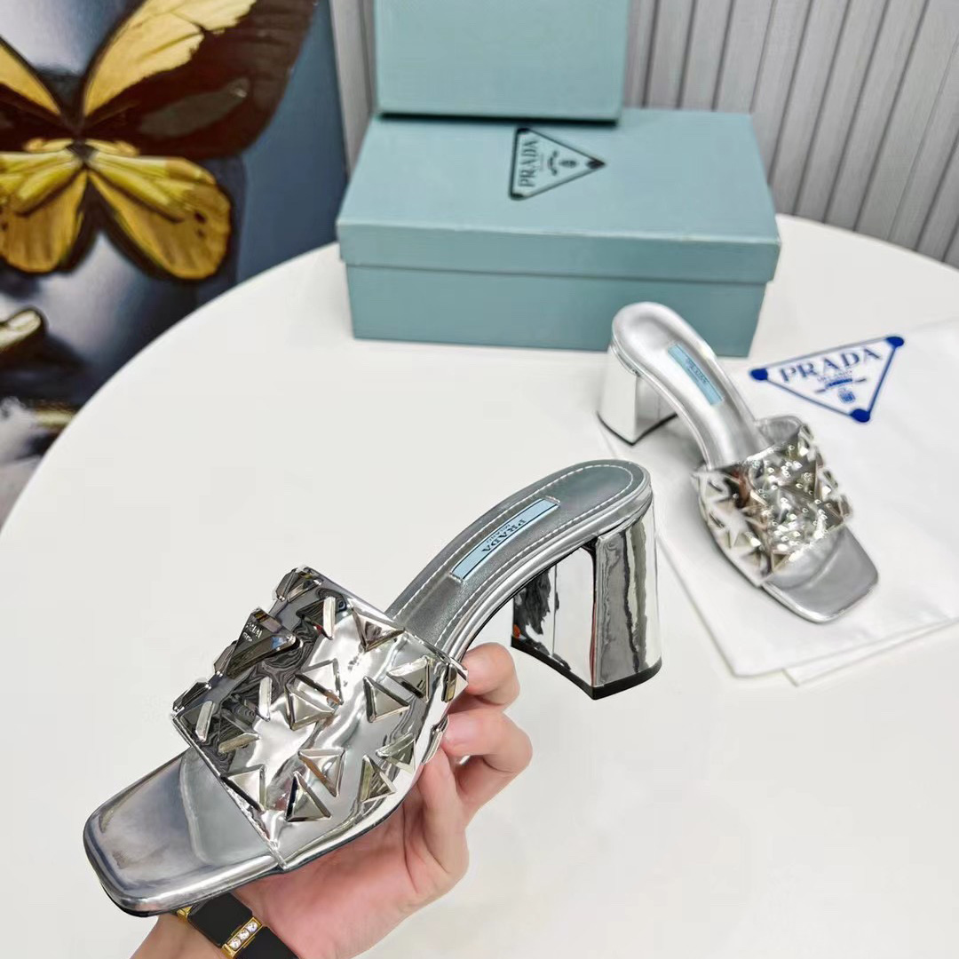 Prada Studded Metallic Leather Mules - DesignerGu