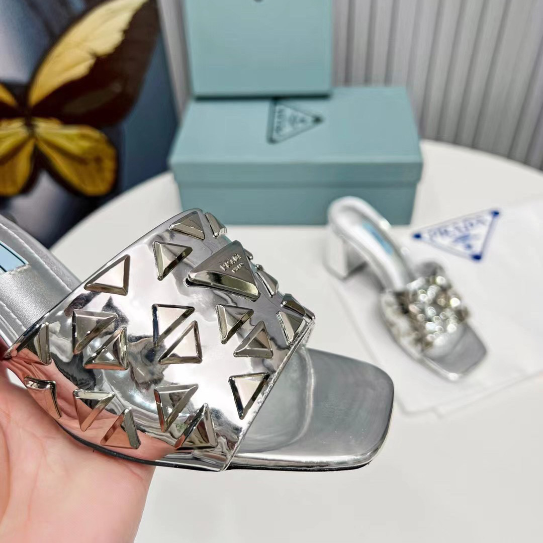 Prada Studded Metallic Leather Mules - DesignerGu