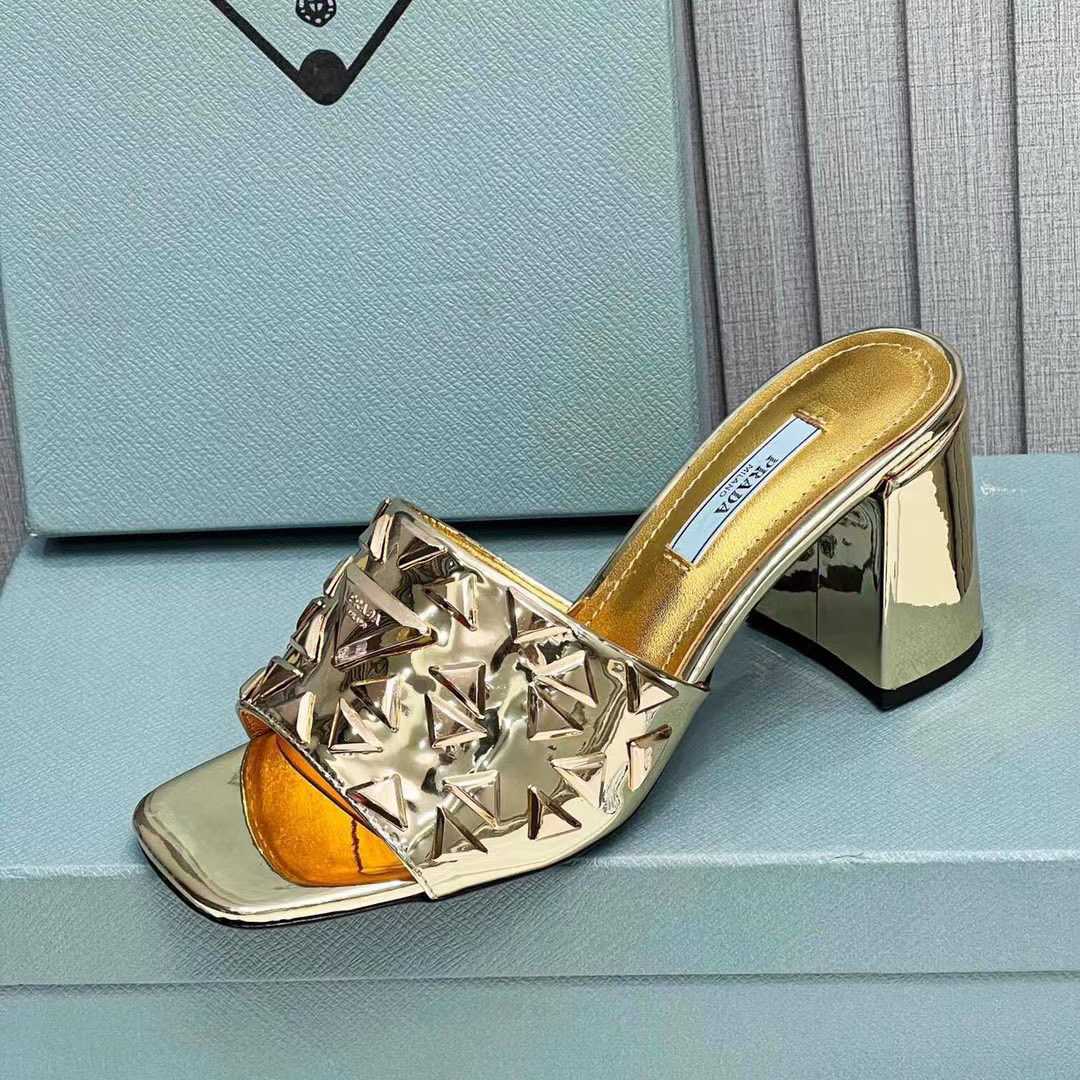 Prada Studded Metallic Leather Mules - DesignerGu